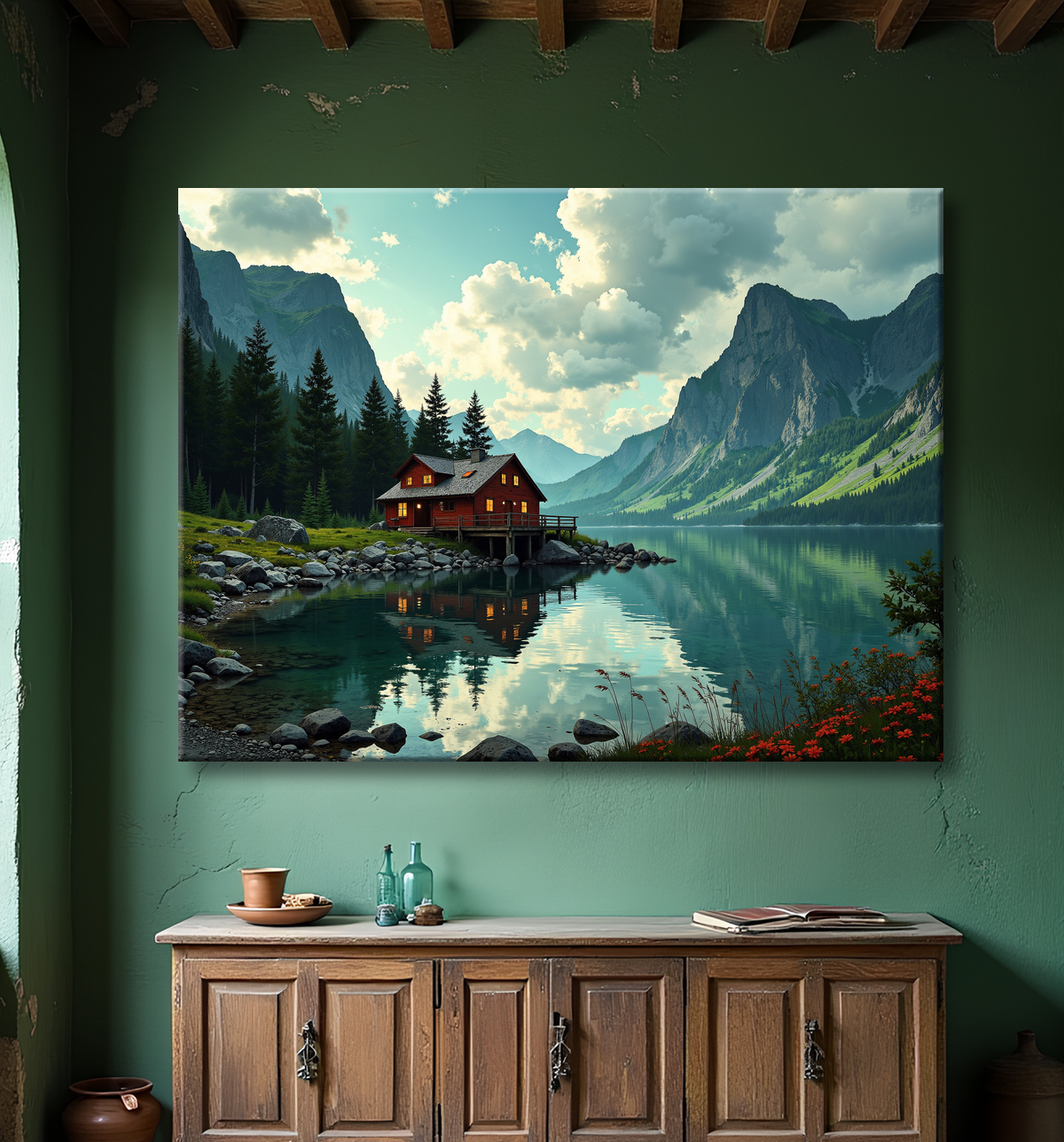 Paysage scandinave avec lac et maison rouge avec decor