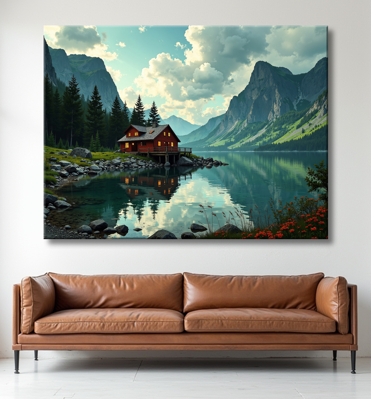 Paysage scandinave avec lac et maison rouge avec decor
