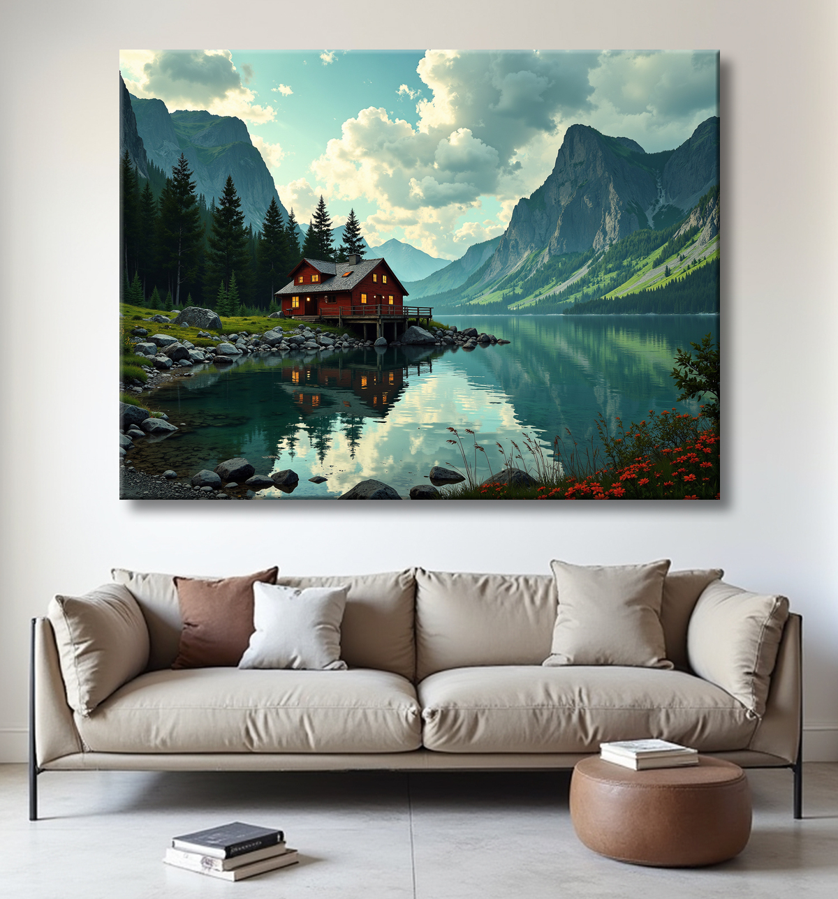 Paysage scandinave avec lac et maison rouge avec decor