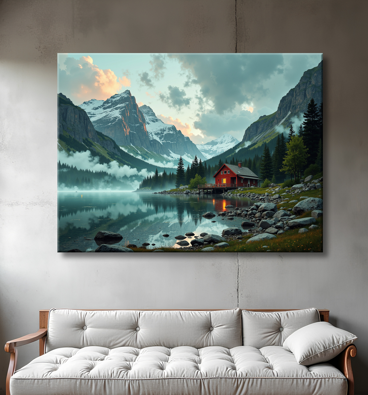 Paysage scandinave avec lac et maison rouge avec decor
