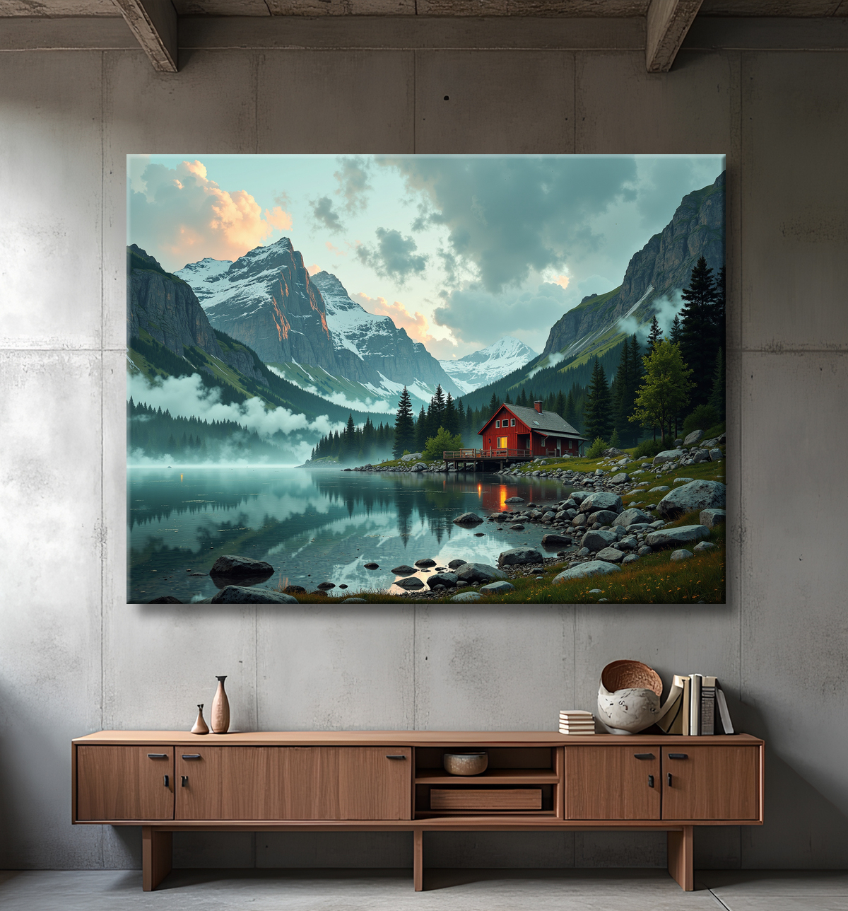Paysage scandinave avec lac et maison rouge avec decor