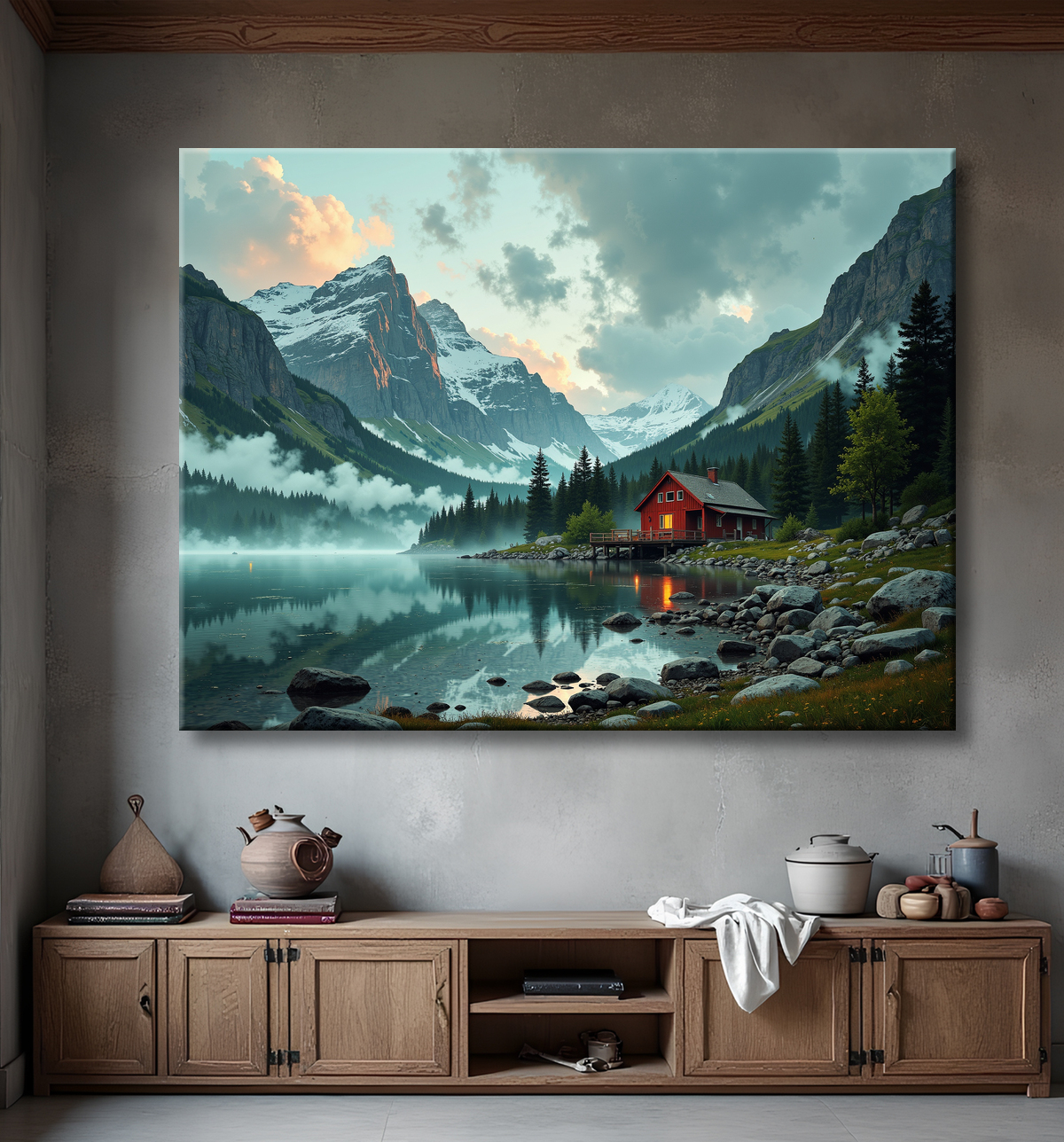 Paysage scandinave avec lac et maison rouge avec decor