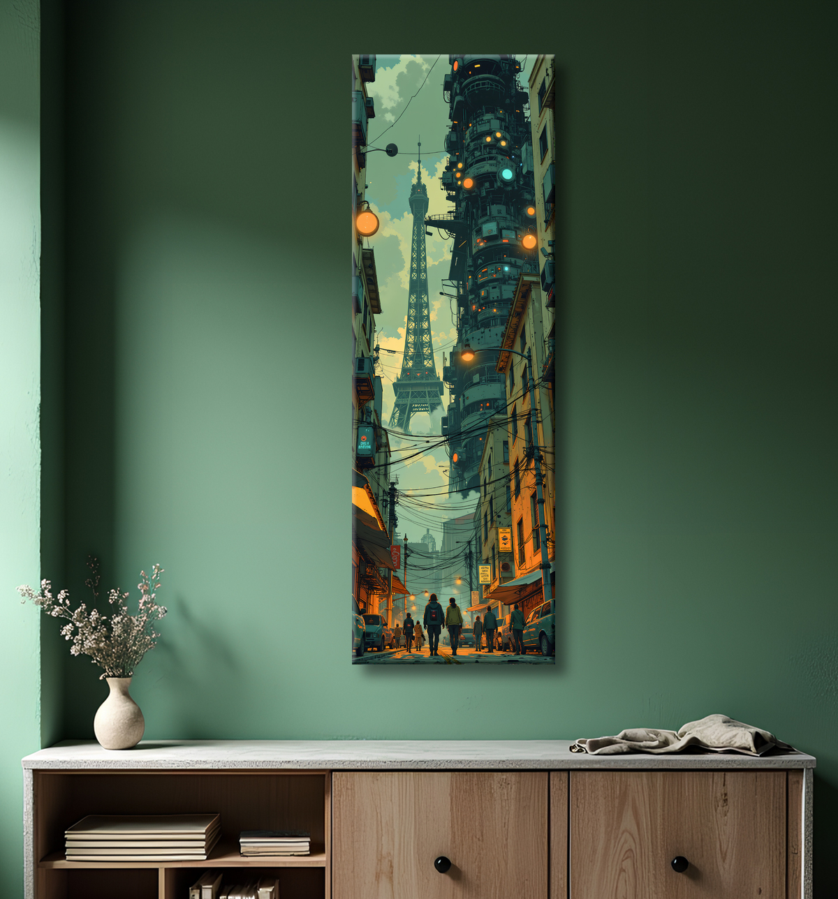 Tableau urbain futuriste inspiré de Paris, avec une représentation imaginative de la Tour Eiffel dans un décor de science-fiction. Illustration stylisée mêlant graphisme IA et ambiance bande dessinée.