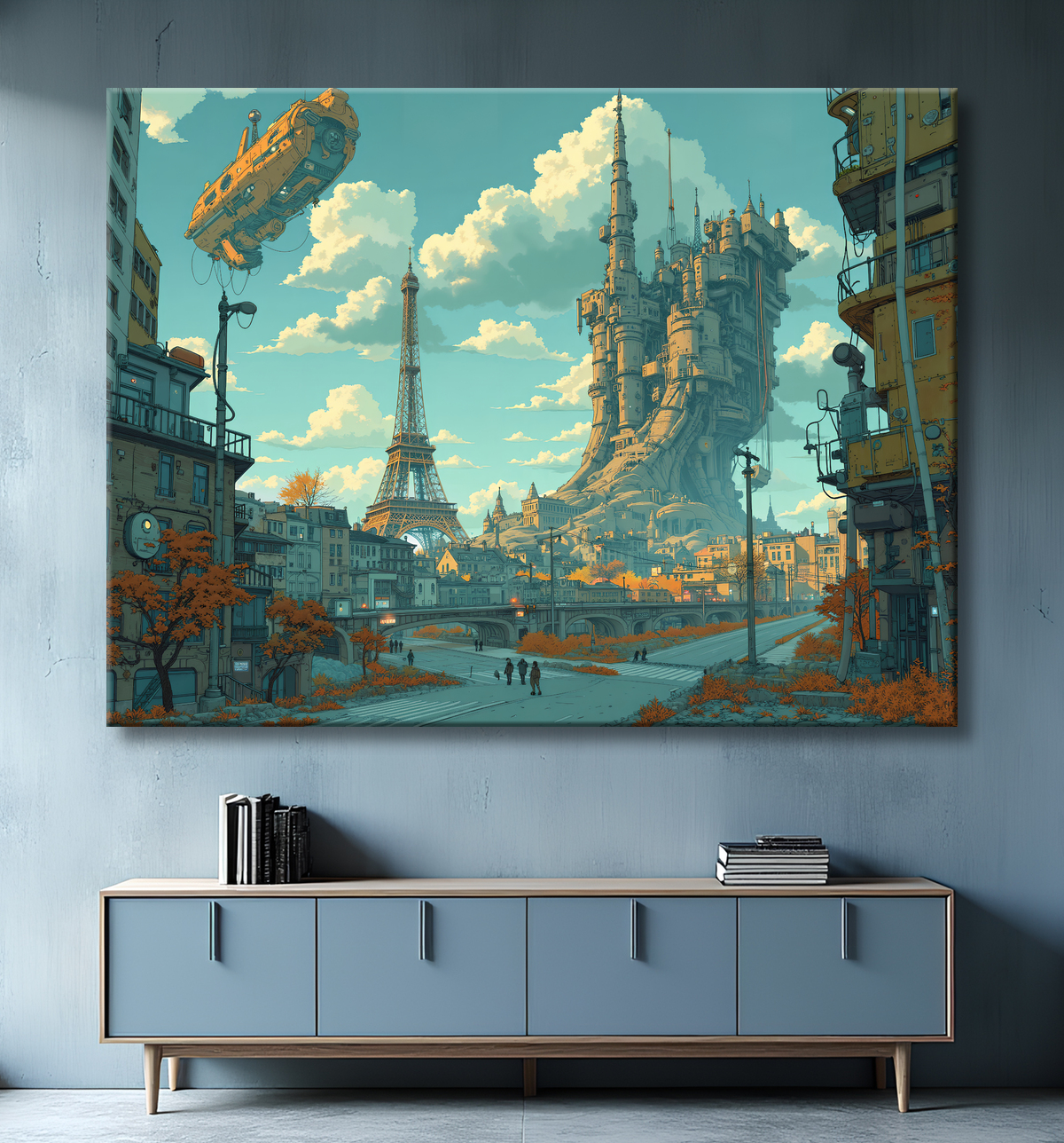 Tableau urbain futuriste inspiré de Paris, avec une représentation imaginative de la Tour Eiffel dans un décor de science-fiction. Illustration stylisée mêlant graphisme IA et ambiance bande dessinée.