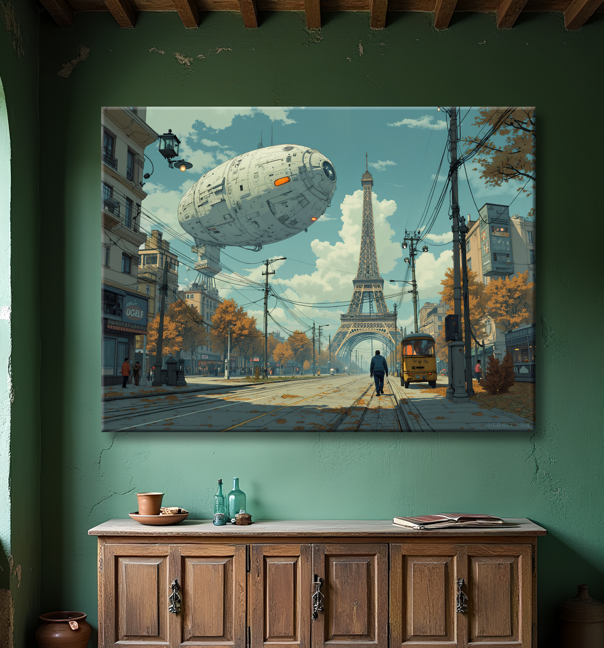 Tableau urbain futuriste inspiré de Paris, avec une représentation imaginative de la Tour Eiffel dans un décor de science-fiction. Illustration stylisée mêlant graphisme IA et ambiance bande dessinée.