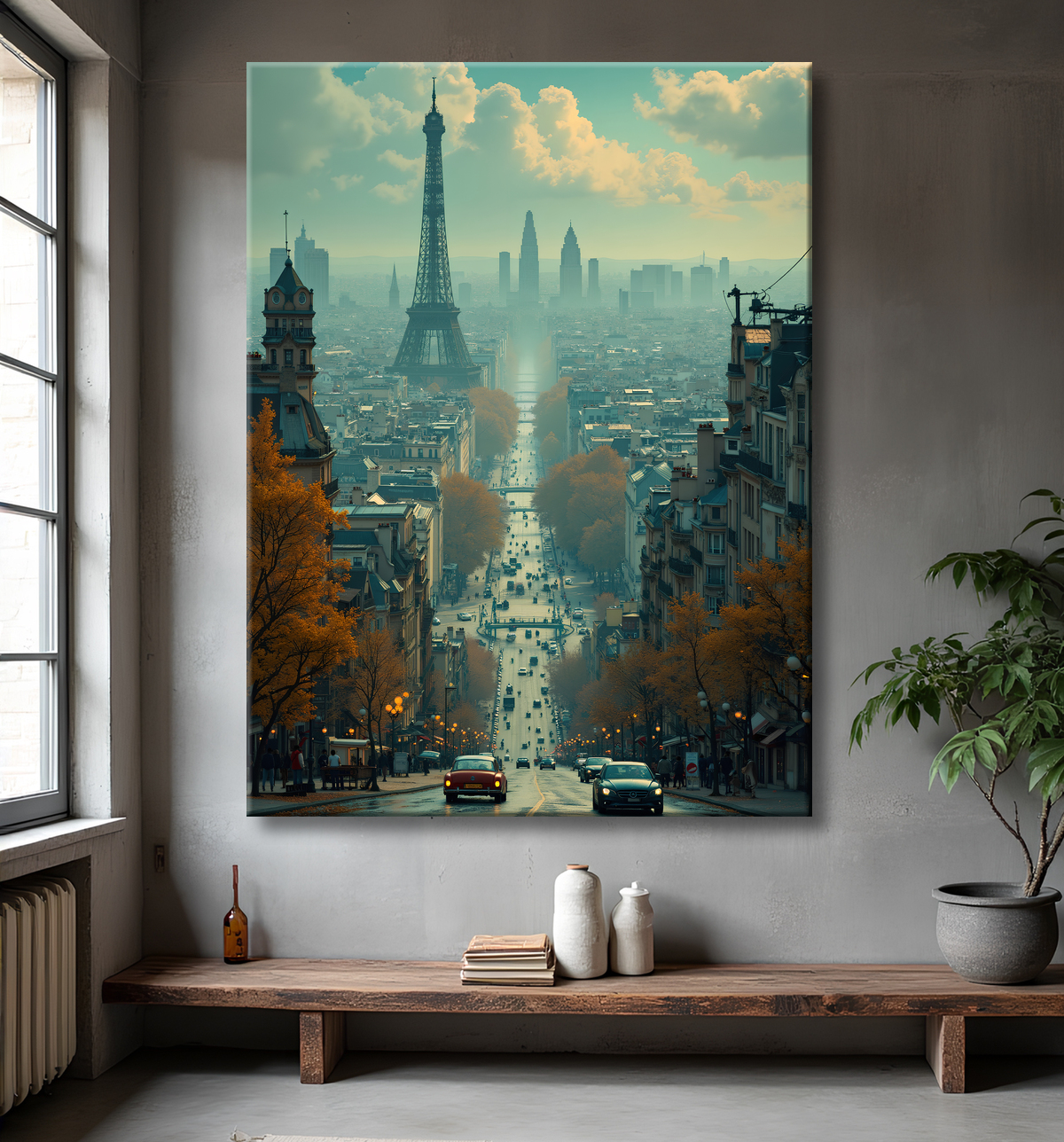 Tableau urbain futuriste inspiré de Paris, avec une représentation imaginative de la Tour Eiffel dans un décor de science-fiction. Illustration stylisée mêlant graphisme IA et ambiance bande dessinée.