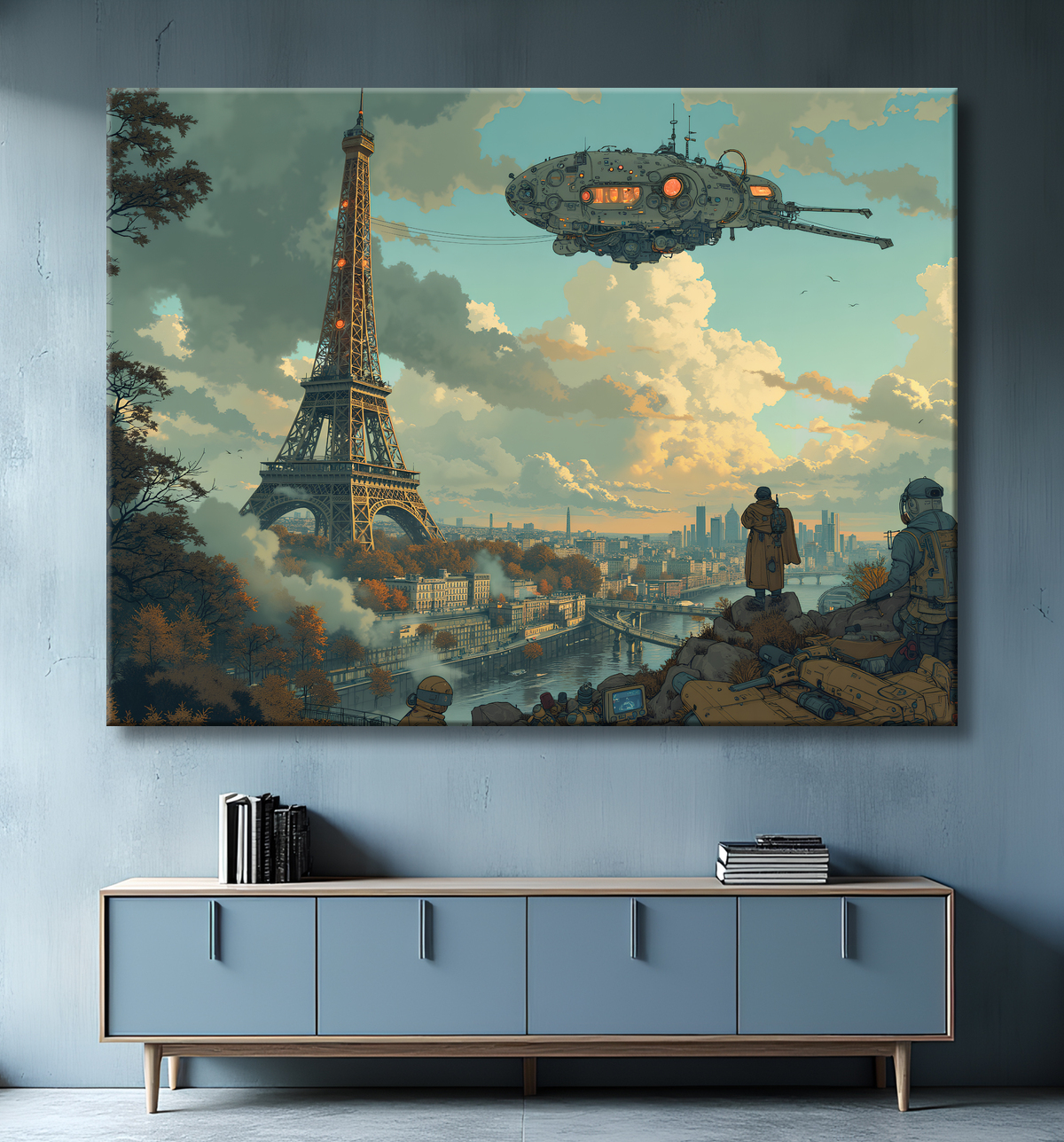 Tableau urbain futuriste inspiré de Paris, avec une représentation imaginative de la Tour Eiffel dans un décor de science-fiction. Illustration stylisée mêlant graphisme IA et ambiance bande dessinée.
