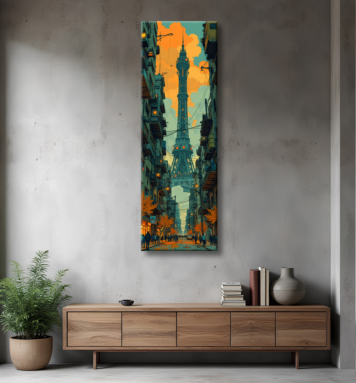 Tableau urbain futuriste inspiré de Paris, avec une représentation imaginative de la Tour Eiffel dans un décor de science-fiction. Illustration stylisée mêlant graphisme IA et ambiance bande dessinée.