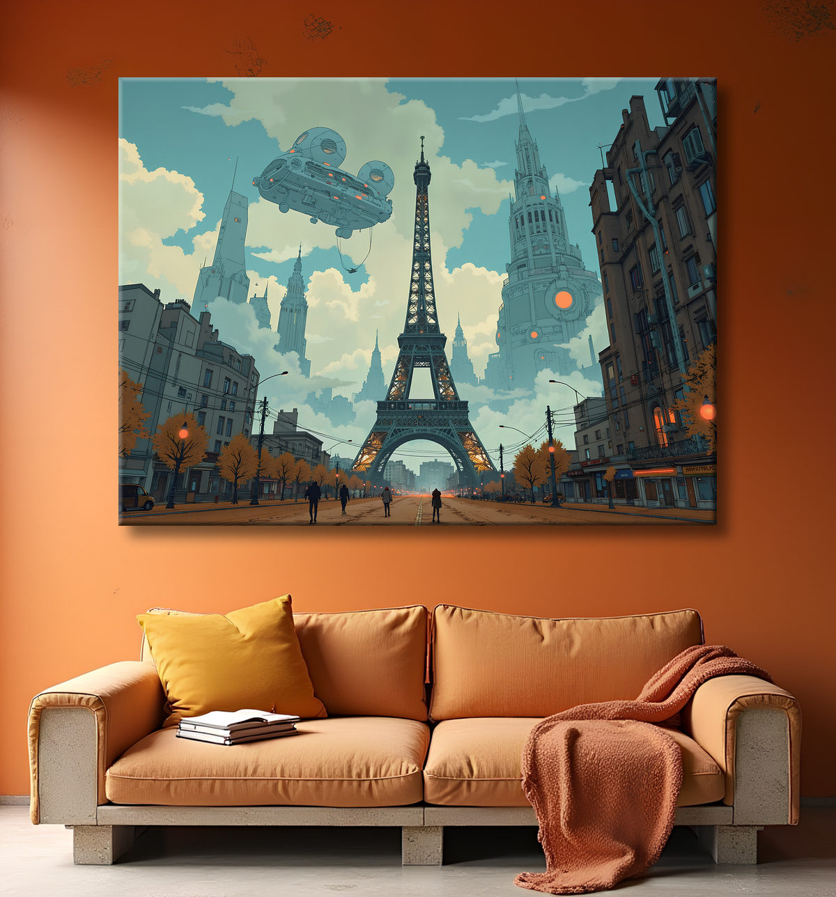 Tableau urbain futuriste inspiré de Paris, avec une représentation imaginative de la Tour Eiffel dans un décor de science-fiction. Illustration stylisée mêlant graphisme IA et ambiance bande dessinée.