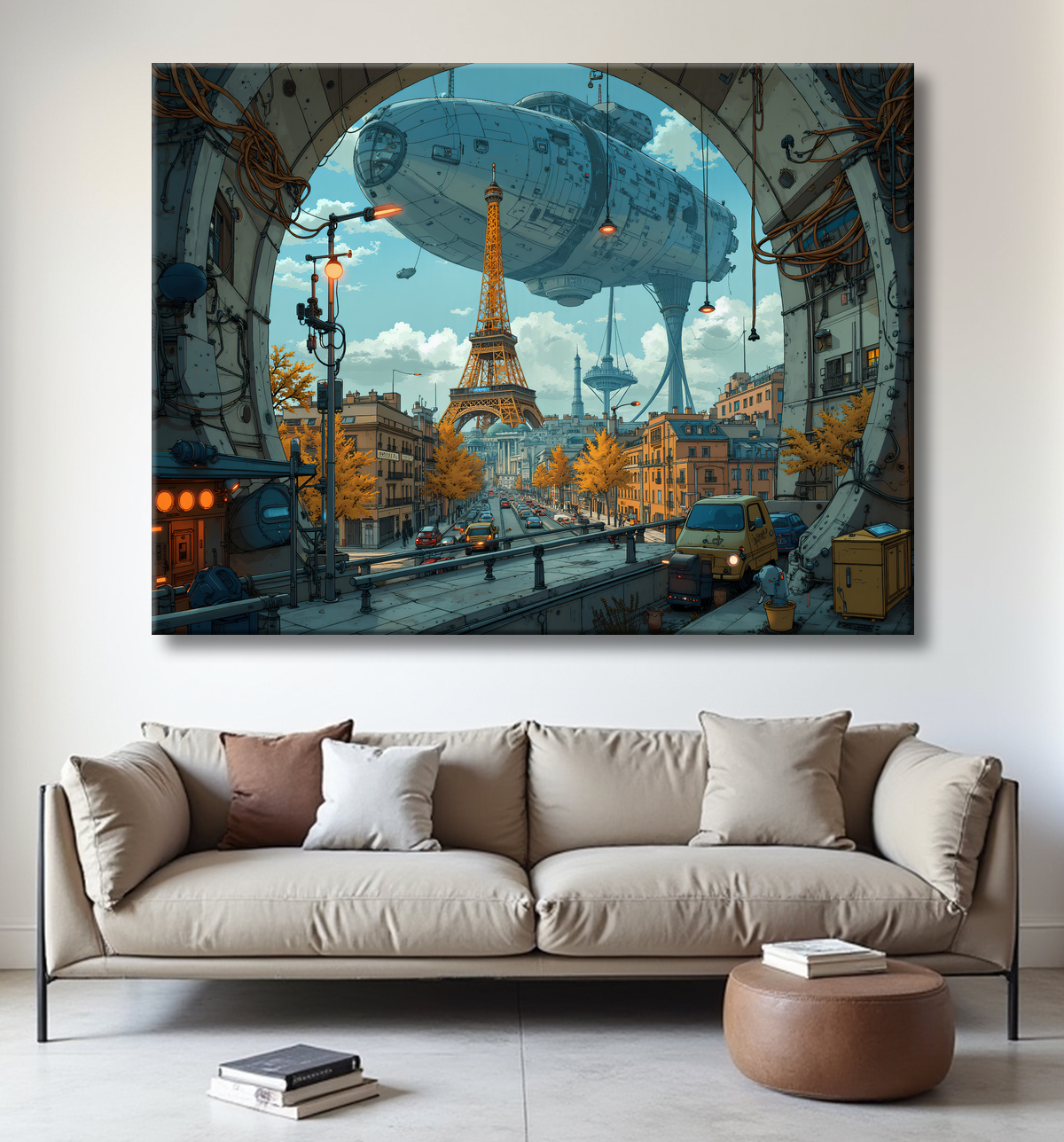 Tableau urbain futuriste inspiré de Paris, avec une représentation imaginative de la Tour Eiffel dans un décor de science-fiction. Illustration stylisée mêlant graphisme IA et ambiance bande dessinée.