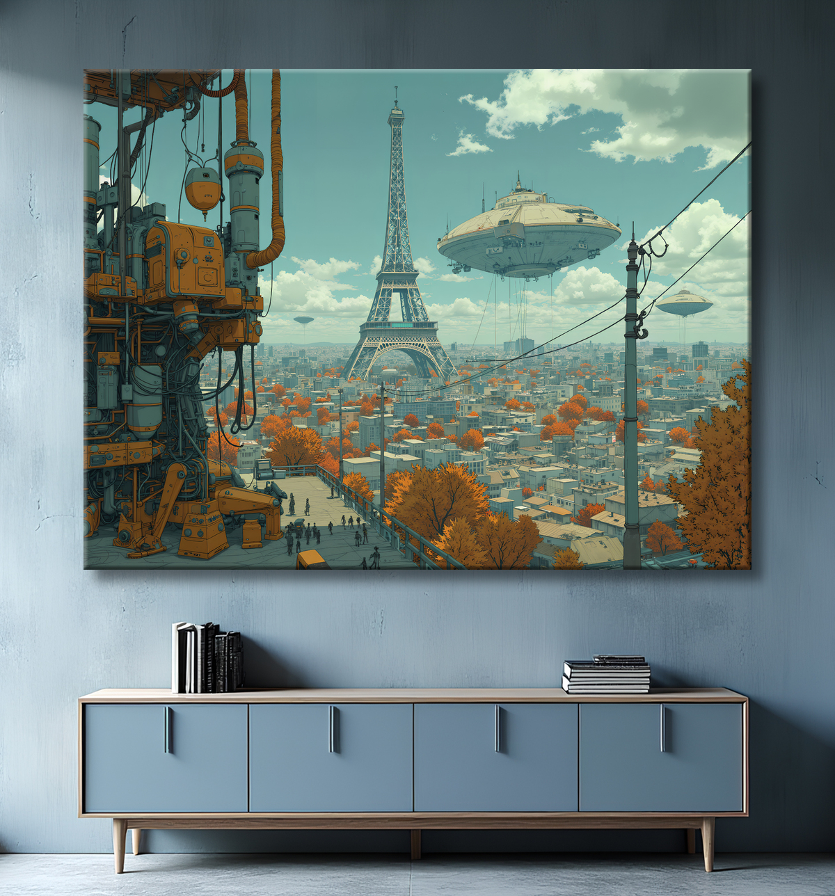 Tableau urbain futuriste inspiré de Paris, avec une représentation imaginative de la Tour Eiffel dans un décor de science-fiction. Illustration stylisée mêlant graphisme IA et ambiance bande dessinée.