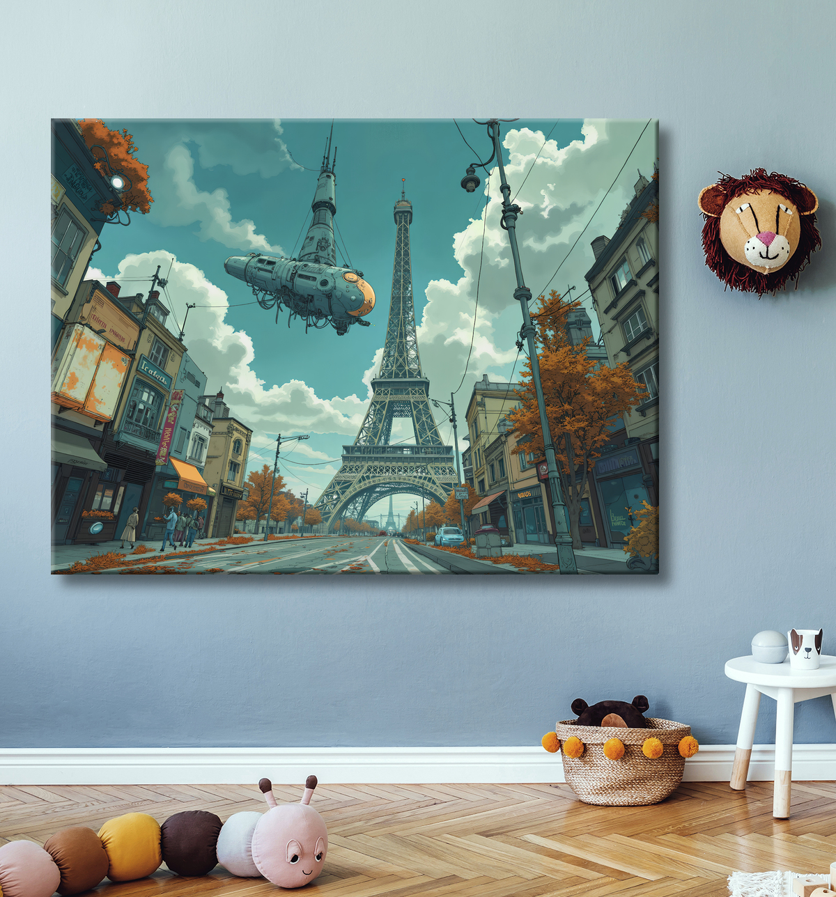 Tableau urbain futuriste inspiré de Paris, avec une représentation imaginative de la Tour Eiffel dans un décor de science-fiction. Illustration stylisée mêlant graphisme IA et ambiance bande dessinée.