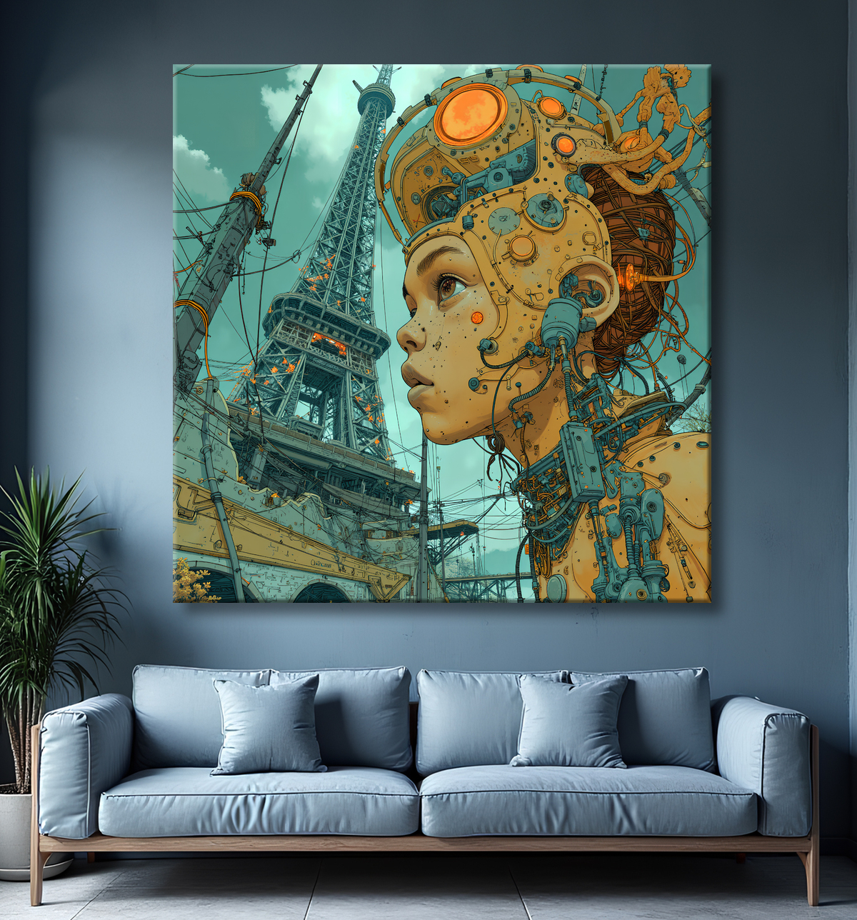 Tableau urbain futuriste inspiré de Paris, avec une représentation imaginative de la Tour Eiffel dans un décor de science-fiction. Illustration stylisée mêlant graphisme IA et ambiance bande dessinée.