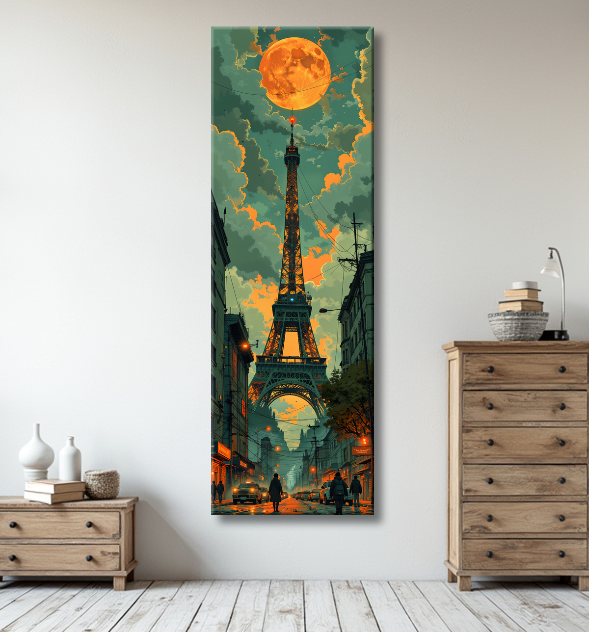 Tableau urbain futuriste inspiré de Paris, avec une représentation imaginative de la Tour Eiffel dans un décor de science-fiction. Illustration stylisée mêlant graphisme IA et ambiance bande dessinée.