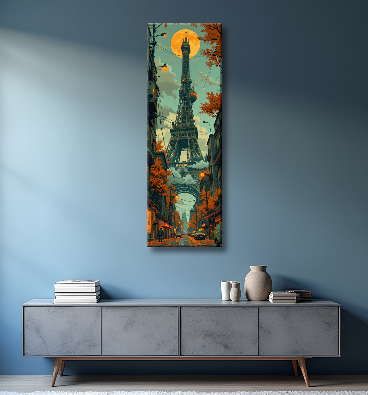 Tableau urbain futuriste inspiré de Paris, avec une représentation imaginative de la Tour Eiffel dans un décor de science-fiction. Illustration stylisée mêlant graphisme IA et ambiance bande dessinée.