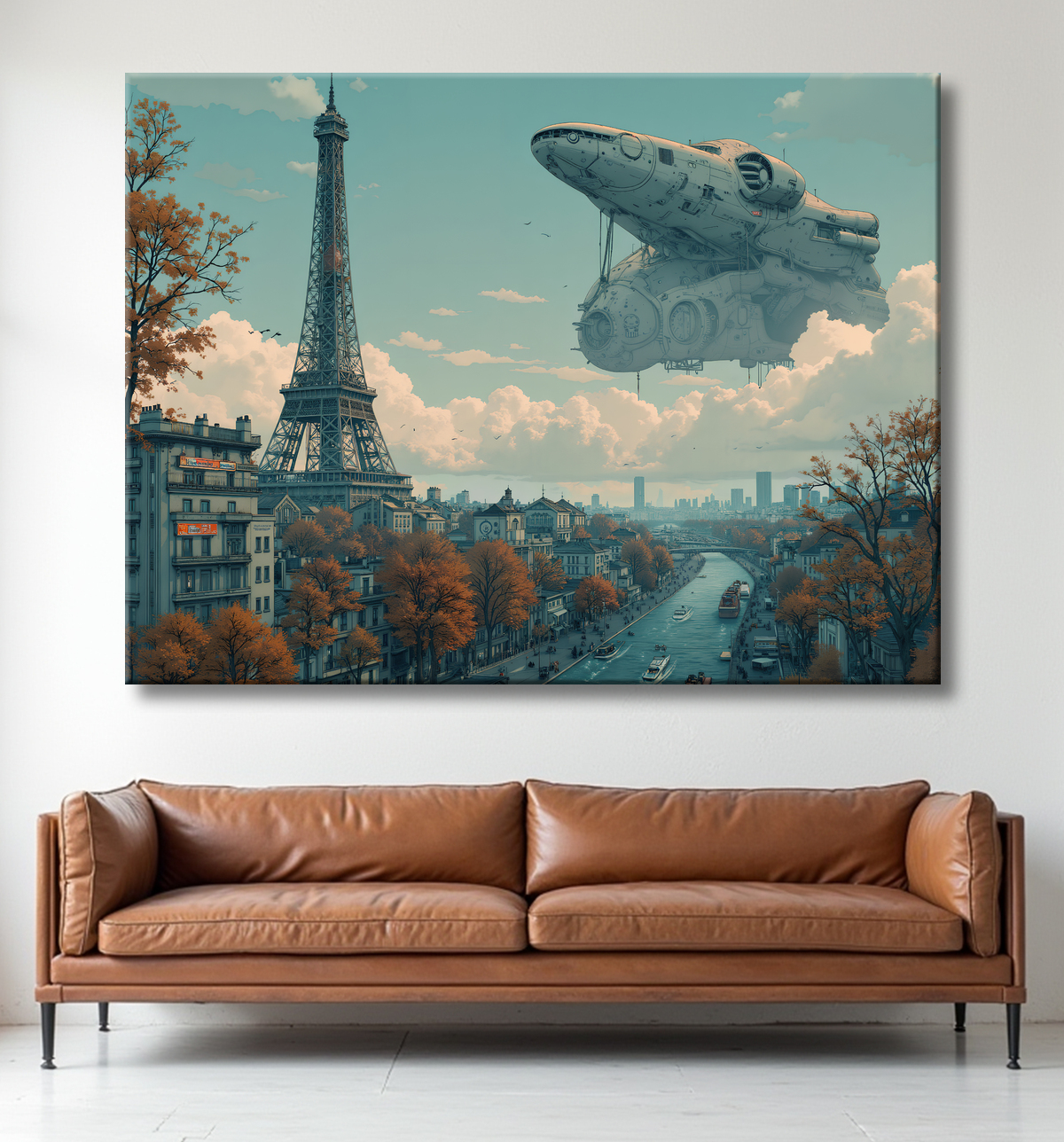 Tableau urbain futuriste inspiré de Paris, avec une représentation imaginative de la Tour Eiffel dans un décor de science-fiction. Illustration stylisée mêlant graphisme IA et ambiance bande dessinée.