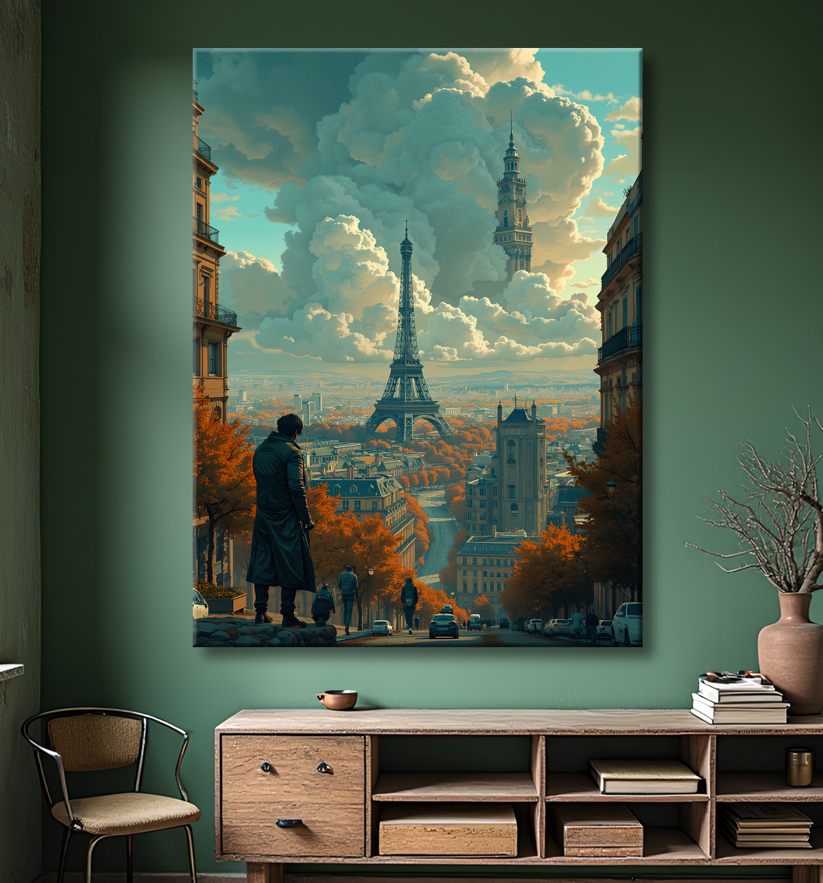 Tableau urbain futuriste inspiré de Paris, avec une représentation imaginative de la Tour Eiffel dans un décor de science-fiction. Illustration stylisée mêlant graphisme IA et ambiance bande dessinée.