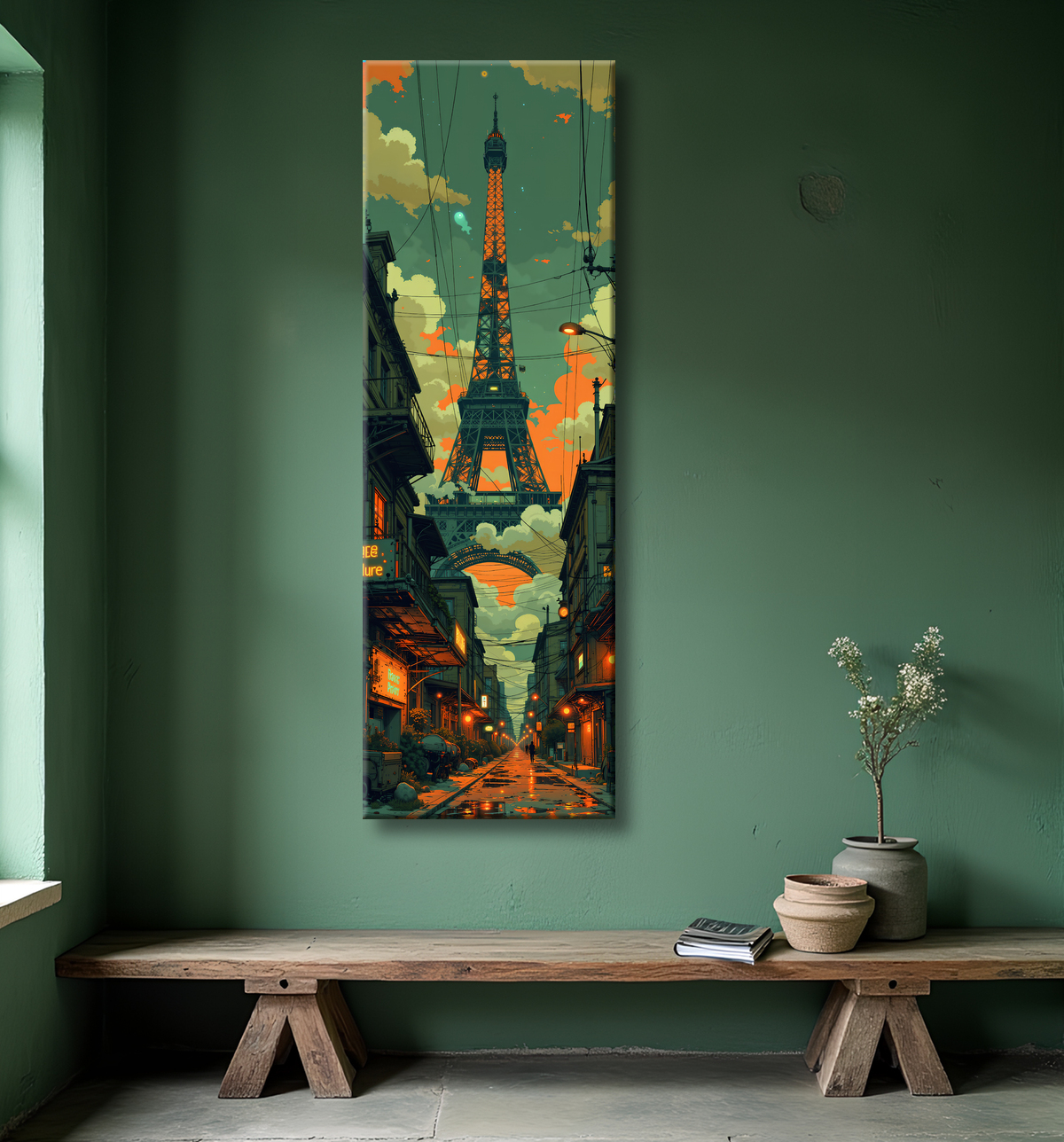 Tableau urbain futuriste inspiré de Paris, avec une représentation imaginative de la Tour Eiffel dans un décor de science-fiction. Illustration stylisée mêlant graphisme IA et ambiance bande dessinée.