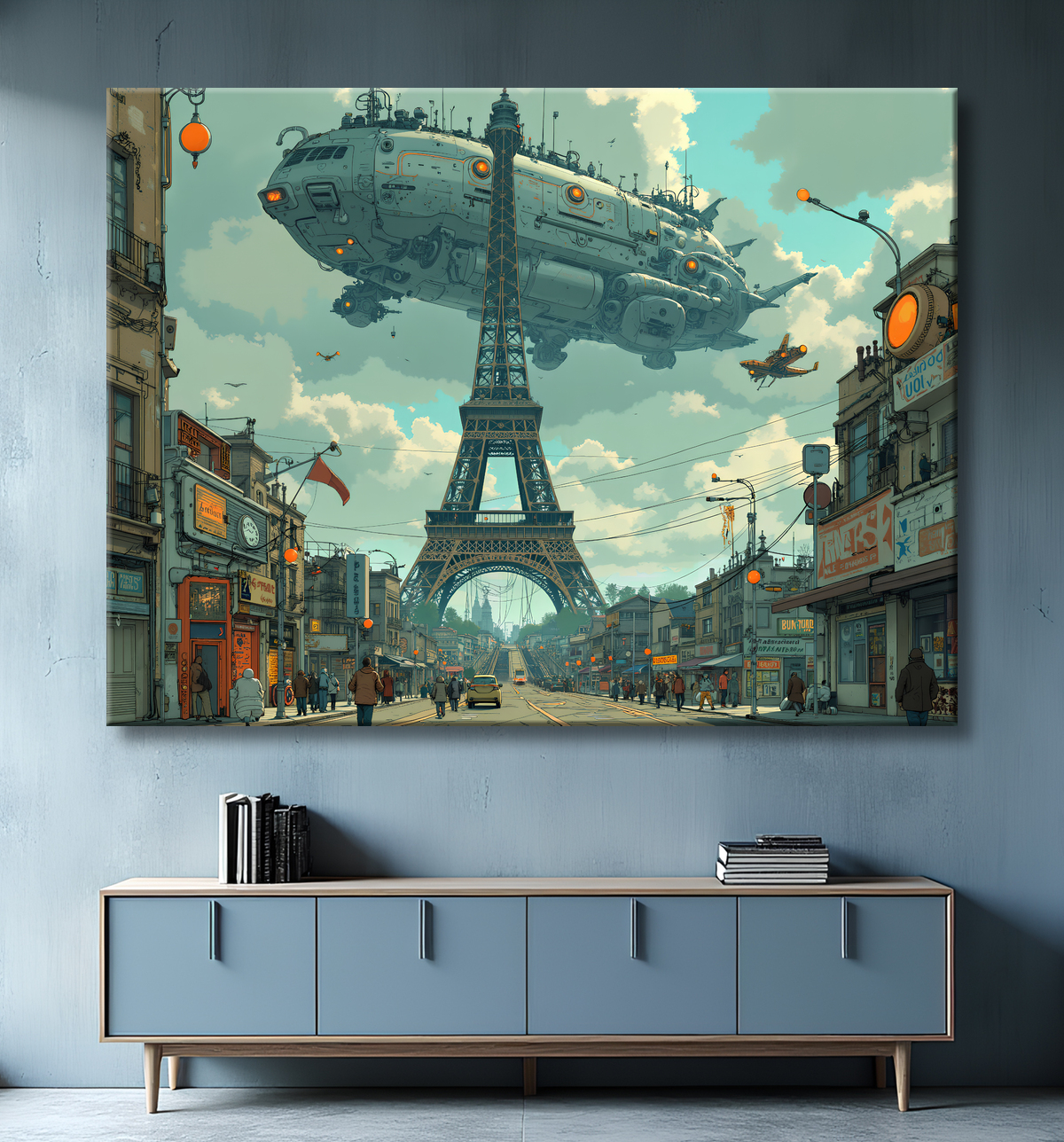 Tableau urbain futuriste inspiré de Paris, avec une représentation imaginative de la Tour Eiffel dans un décor de science-fiction. Illustration stylisée mêlant graphisme IA et ambiance bande dessinée.