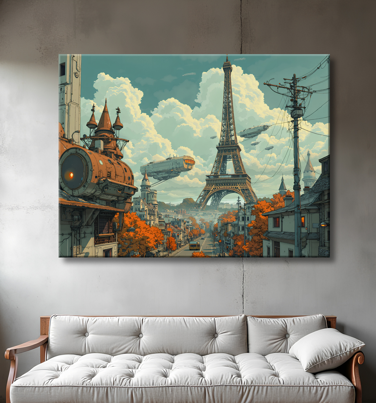 Tableau urbain futuriste inspiré de Paris, avec une représentation imaginative de la Tour Eiffel dans un décor de science-fiction. Illustration stylisée mêlant graphisme IA et ambiance bande dessinée.