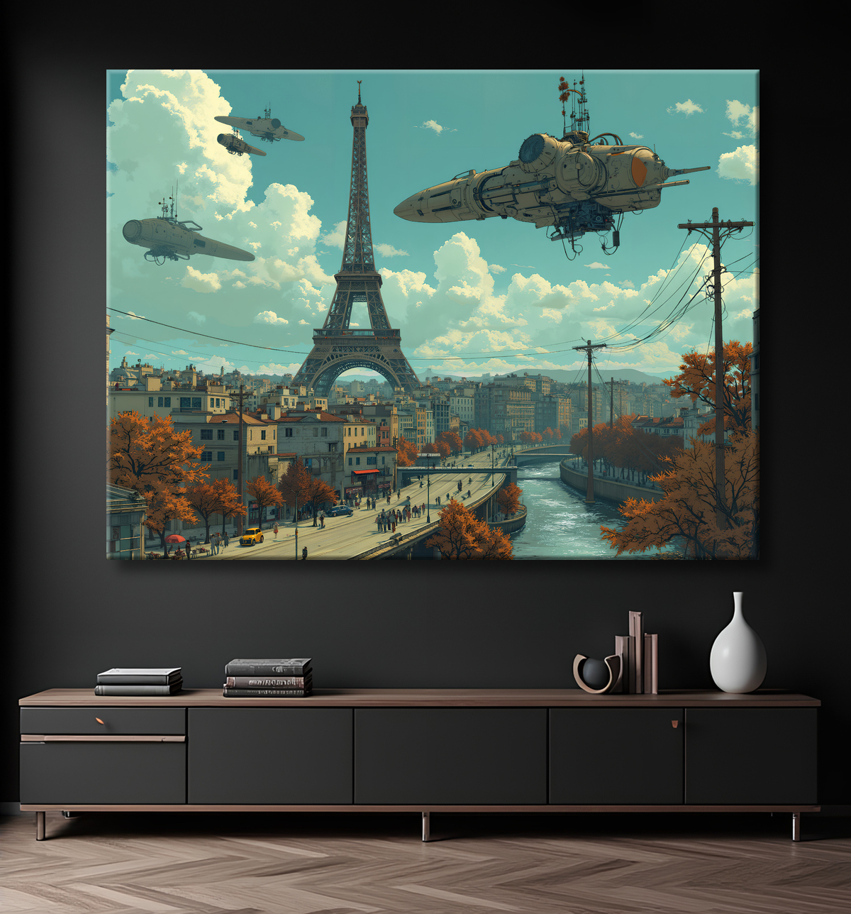 Tableau de Paris SF futuriste avec decor