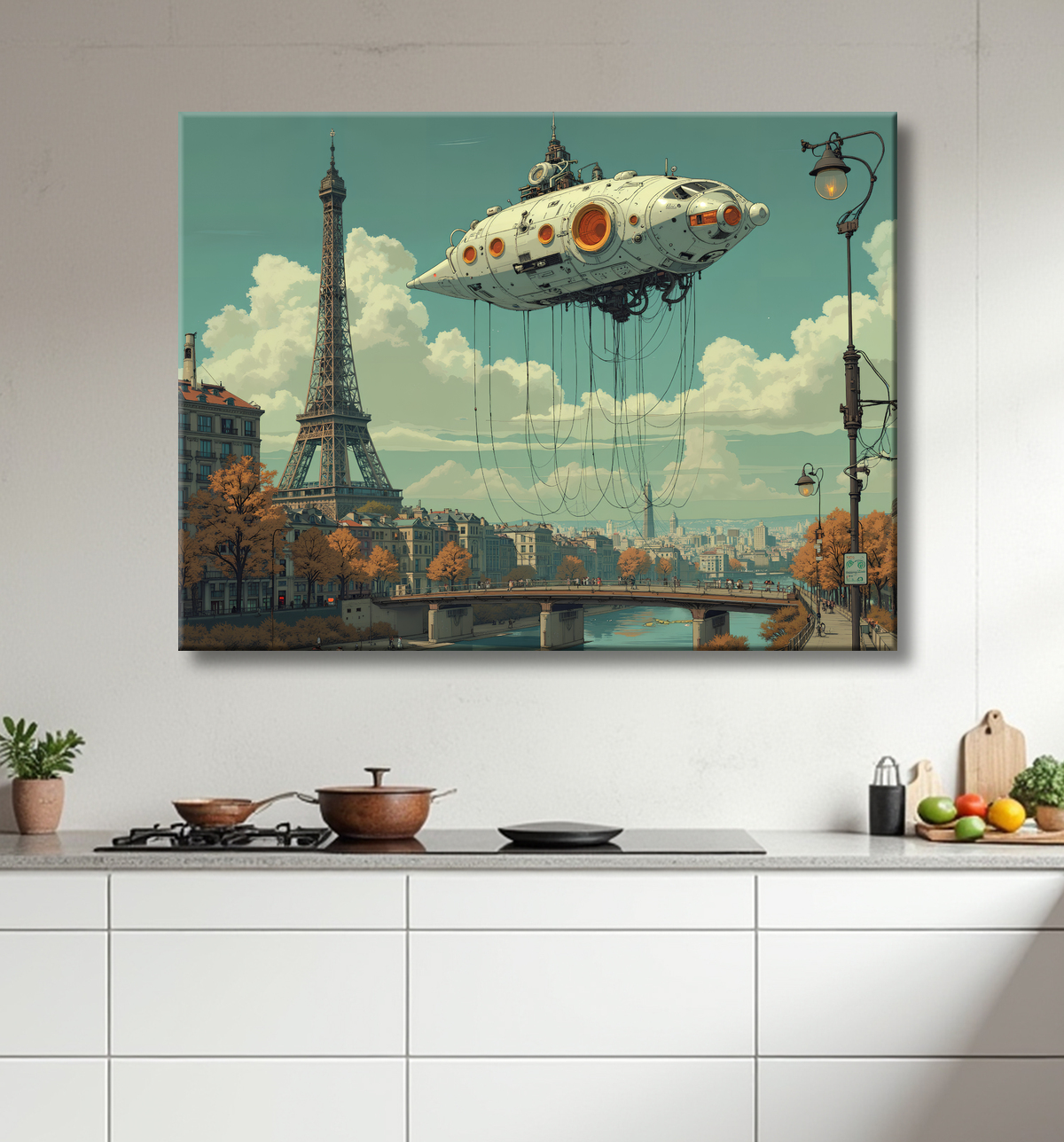 Tableau urbain futuriste inspiré de Paris, avec une représentation imaginative de la Tour Eiffel dans un décor de science-fiction. Illustration stylisée mêlant graphisme IA et ambiance bande dessinée.