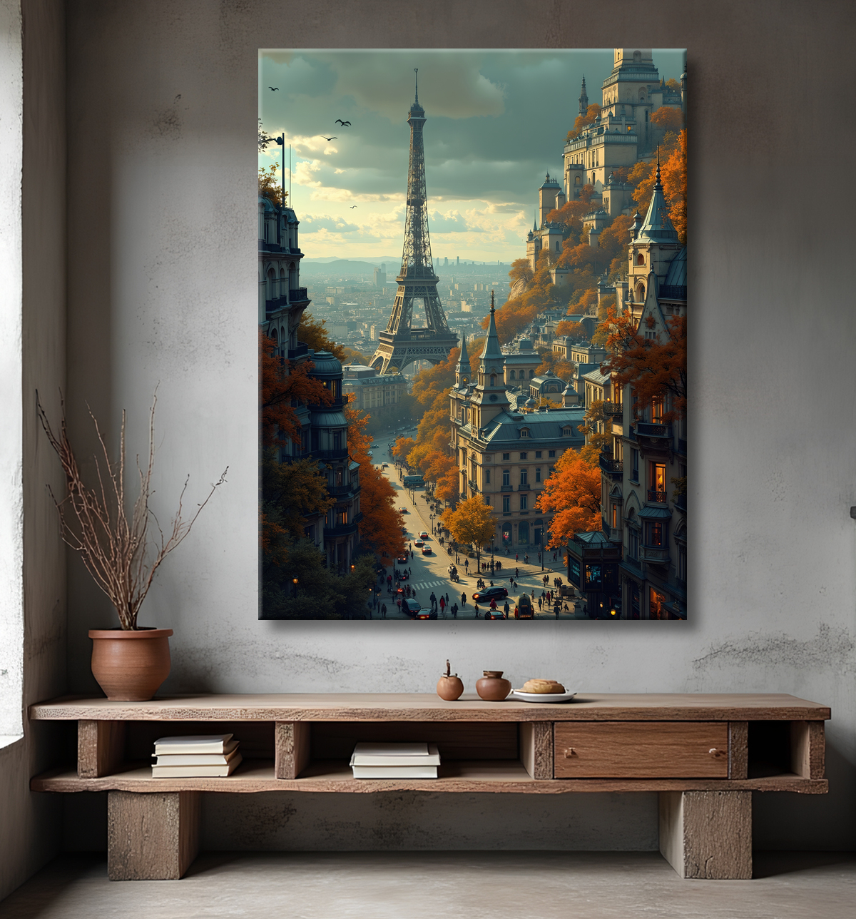Tableau urbain futuriste inspiré de Paris, avec une représentation imaginative de la Tour Eiffel dans un décor de science-fiction. Illustration stylisée mêlant graphisme IA et ambiance bande dessinée.
