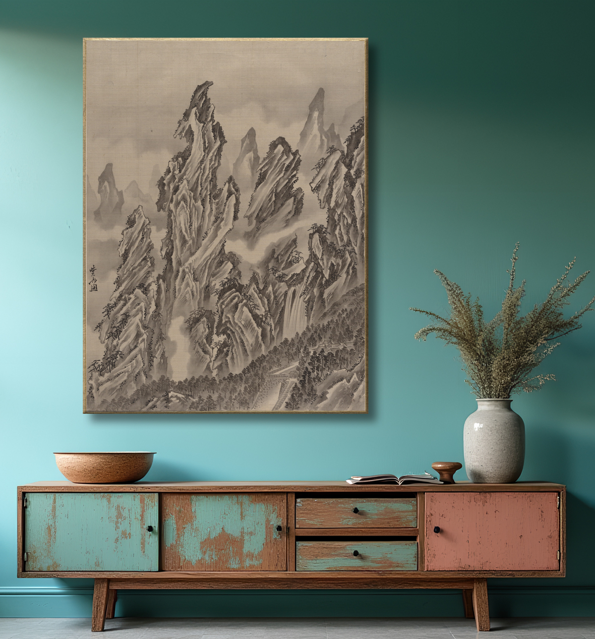 Reproduction Paysage rocheux de Kawanabe Kyōsai 河鍋暁斎 avec decor