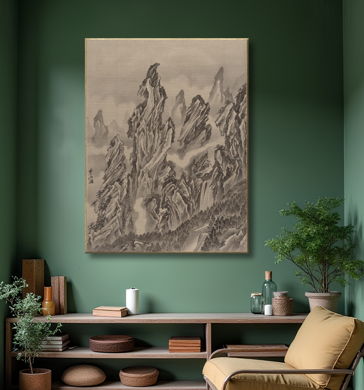 Reproduction Paysage rocheux de Kawanabe Kyōsai 河鍋暁斎 avec decor