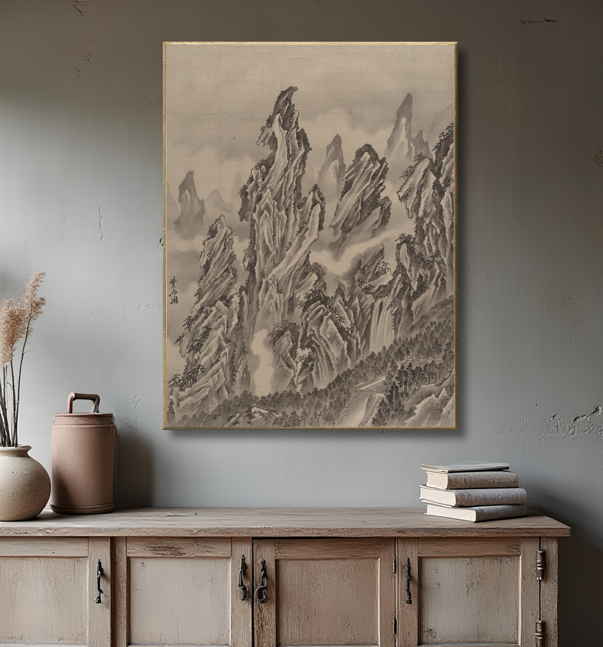 Reproduction Paysage rocheux de Kawanabe Kyōsai 河鍋暁斎 avec decor