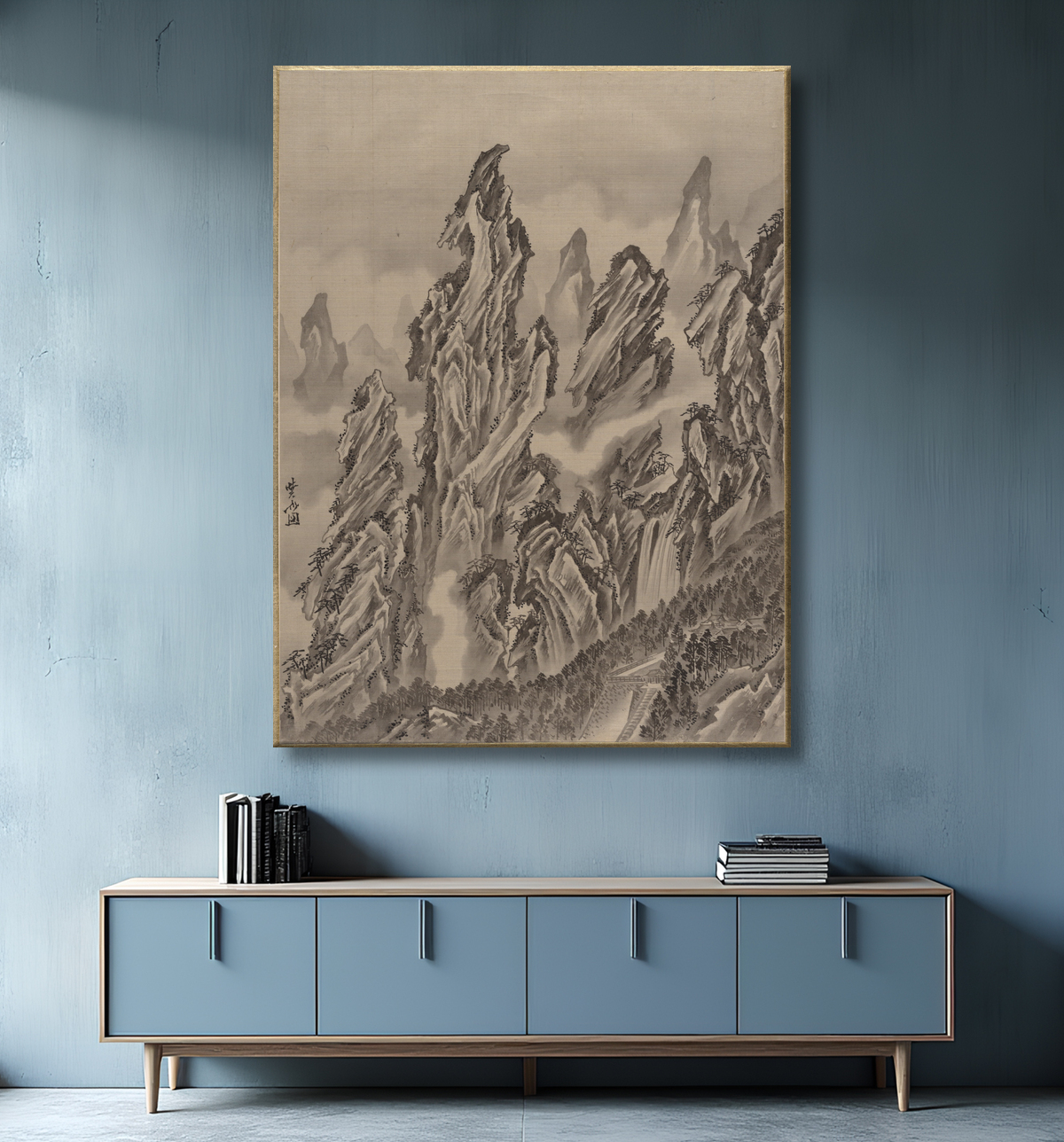 Reproduction Paysage rocheux de Kawanabe Kyōsai 河鍋暁斎 avec decor