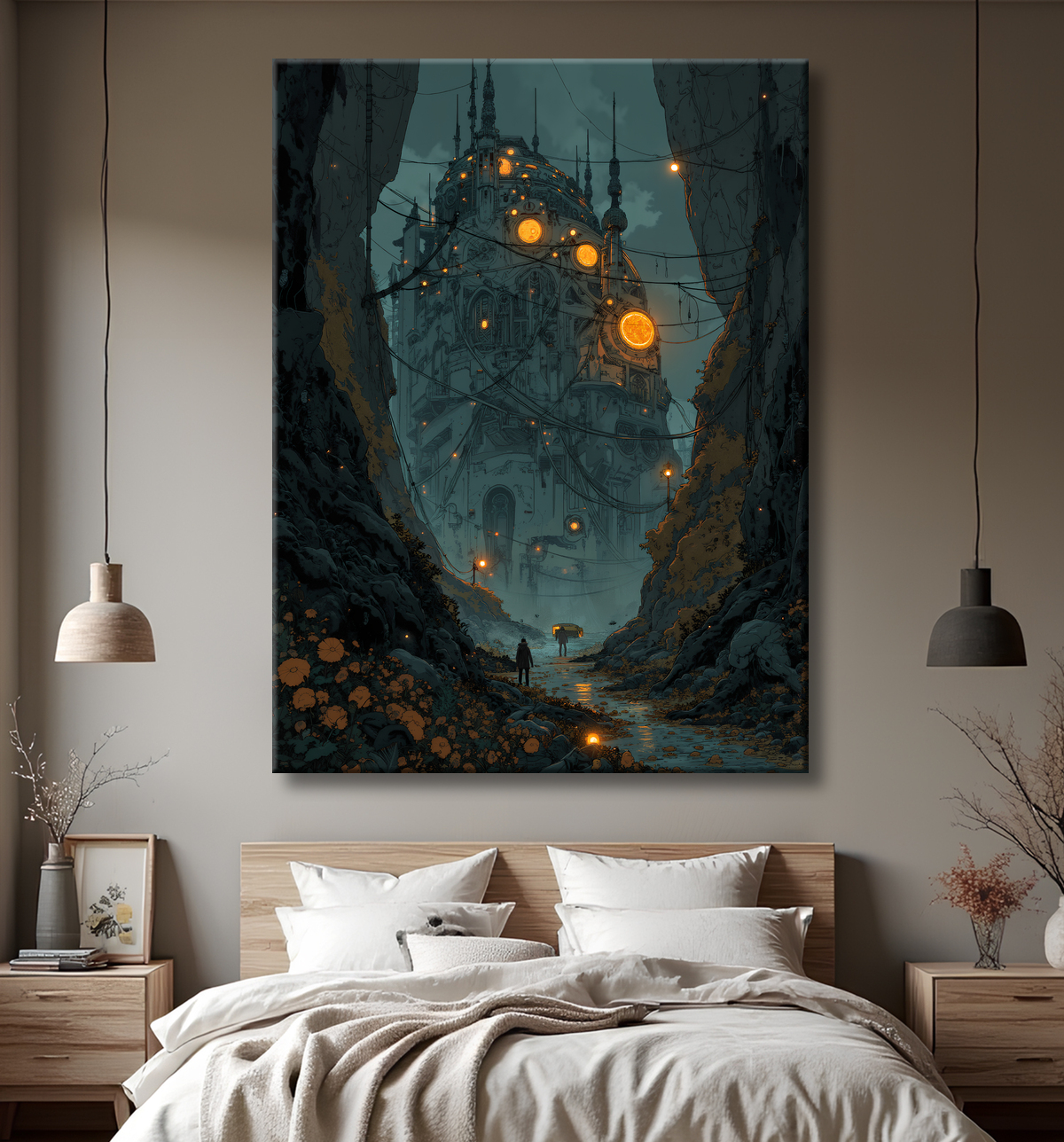 Paysage futuriste sombre et organique avec decor