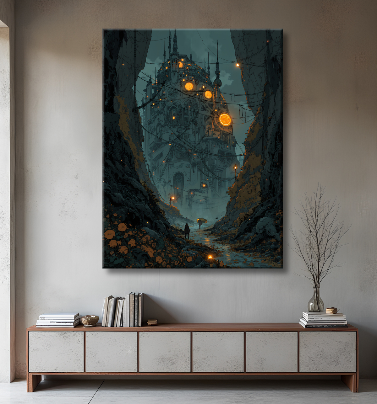 Paysage futuriste sombre et organique avec decor