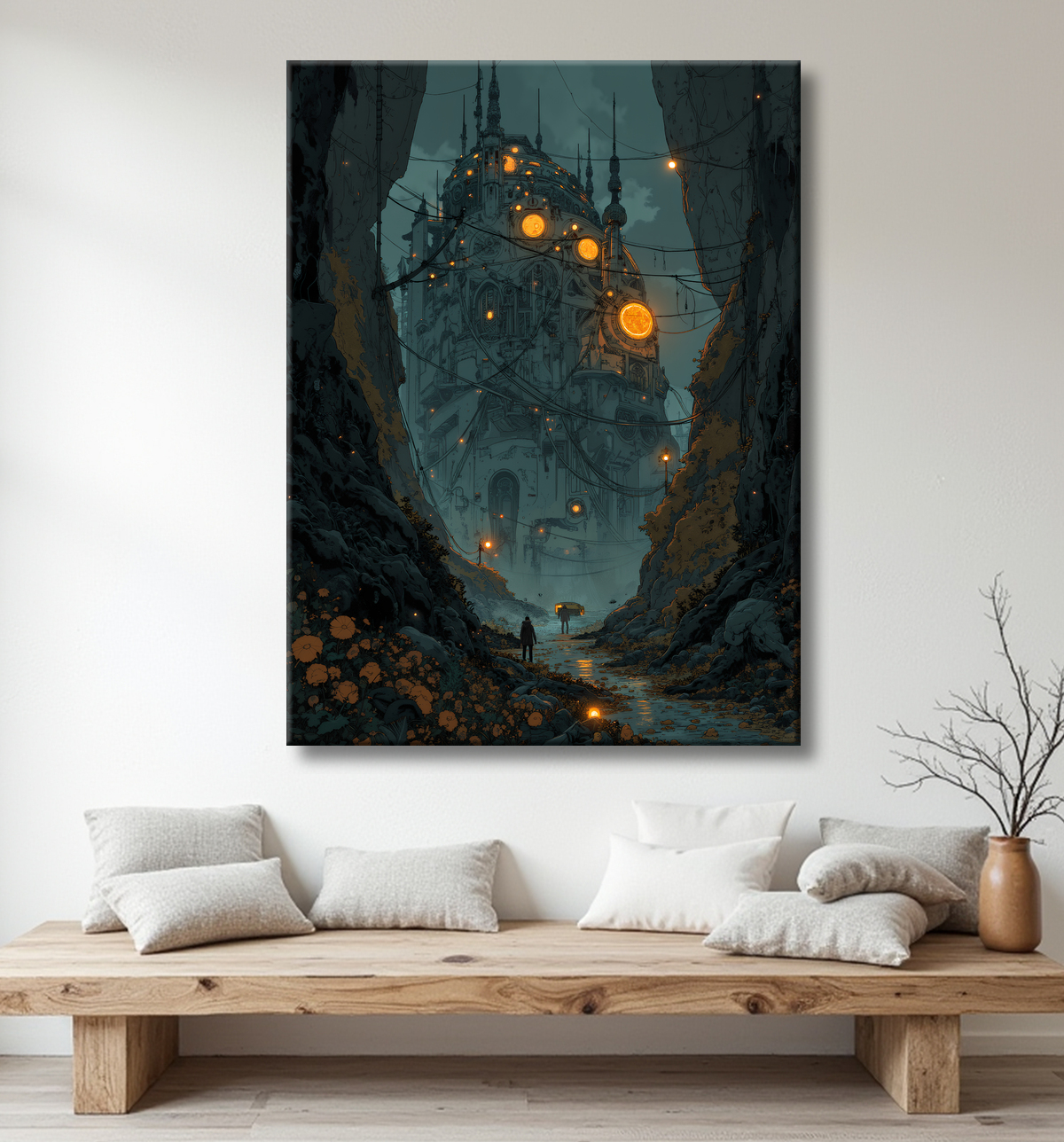 Paysage futuriste sombre et organique avec decor