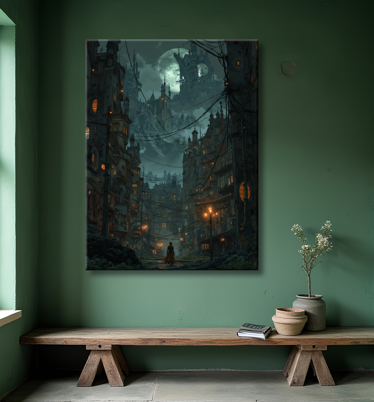 Paysage futuriste sombre et organique avec decor