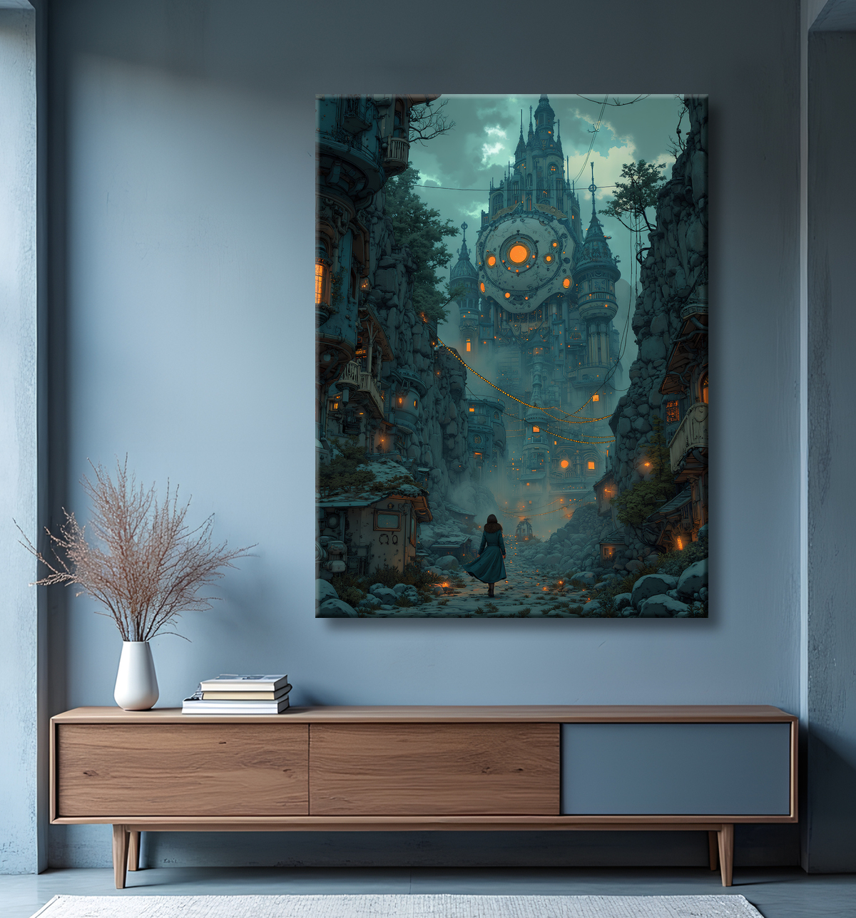 Paysage futuriste sombre et organique avec decor