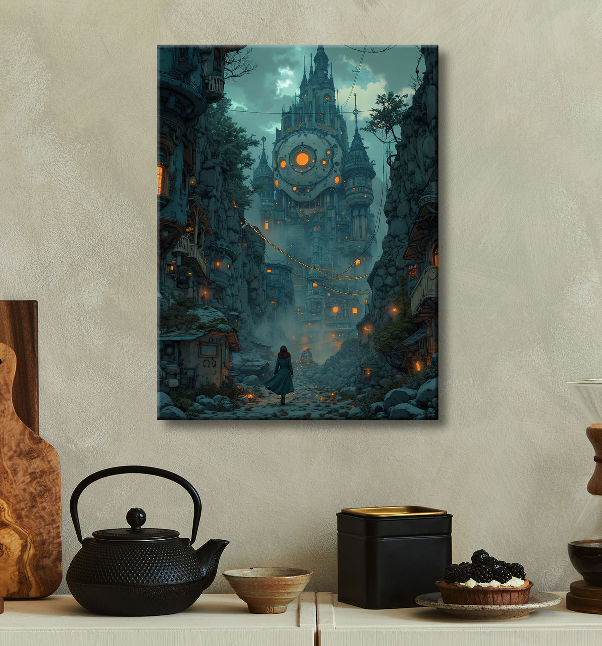 Paysage futuriste sombre et organique avec decor