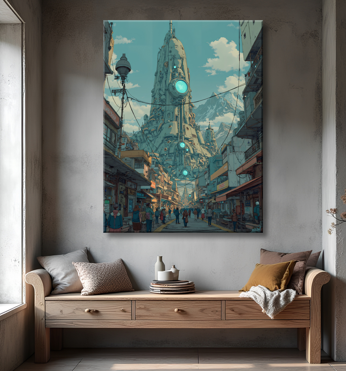 Tableau représentant un paysage sombre et menaçant, dominé par des structures futuristes aux formes organiques. Une scène de science-fiction aux accents post-apocalyptiques.