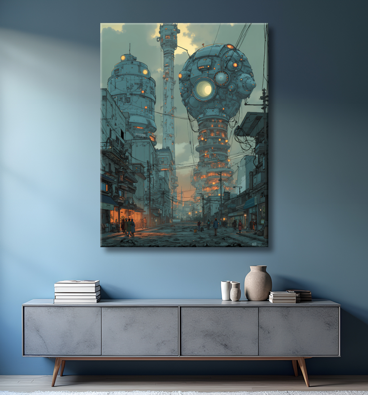 Tableau représentant un paysage sombre et menaçant, dominé par des structures futuristes aux formes organiques. Une scène de science-fiction aux accents post-apocalyptiques.