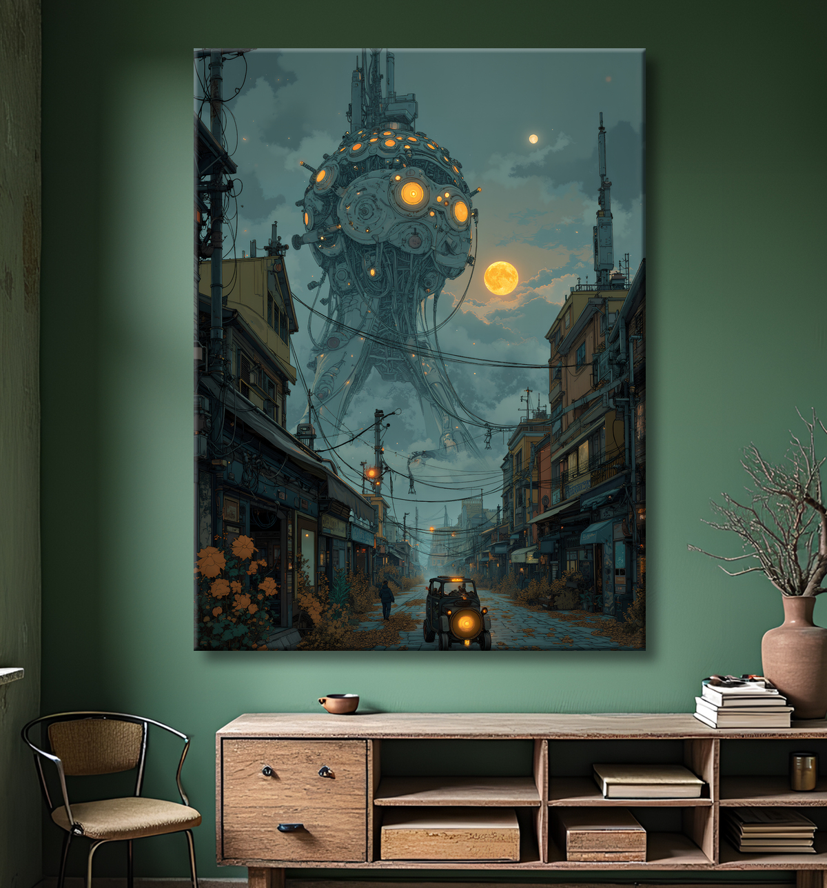 Tableau représentant un paysage sombre et menaçant, dominé par des structures futuristes aux formes organiques. Une scène de science-fiction aux accents post-apocalyptiques.