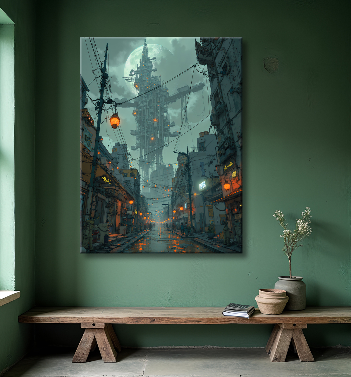 Tableau représentant un paysage sombre et menaçant, dominé par des structures futuristes aux formes organiques. Une scène de science-fiction aux accents post-apocalyptiques.