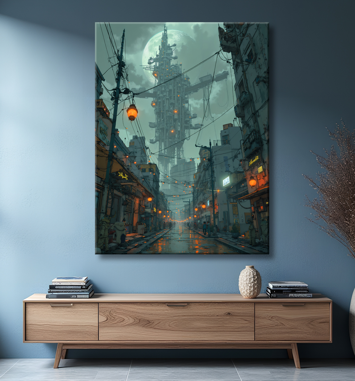 Paysage futuriste sombre et organique avec decor