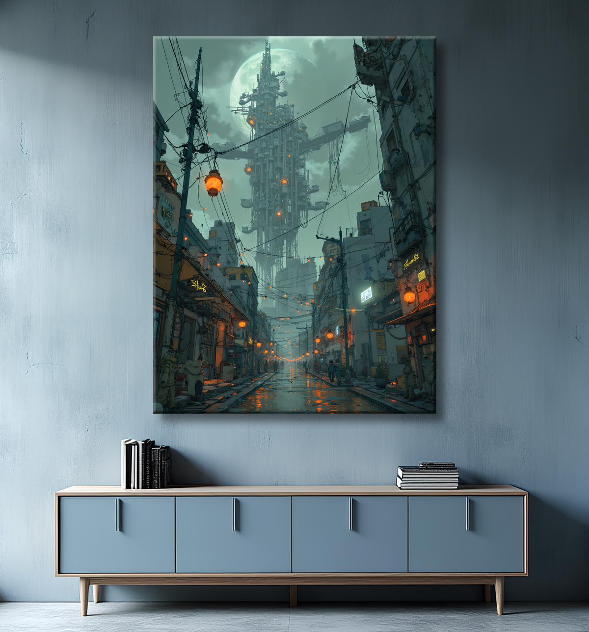 Paysage futuriste sombre et organique avec decor