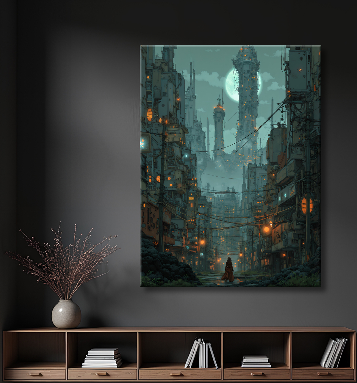 Paysage futuriste sombre et organique avec decor