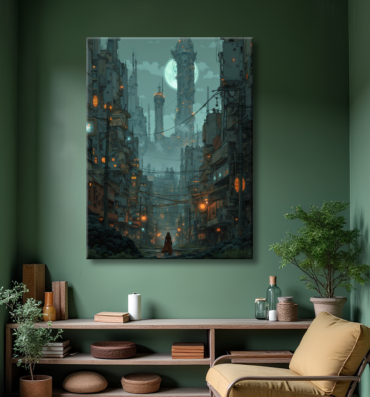 Tableau représentant un paysage sombre et menaçant, dominé par des structures futuristes aux formes organiques. Une scène de science-fiction aux accents post-apocalyptiques.