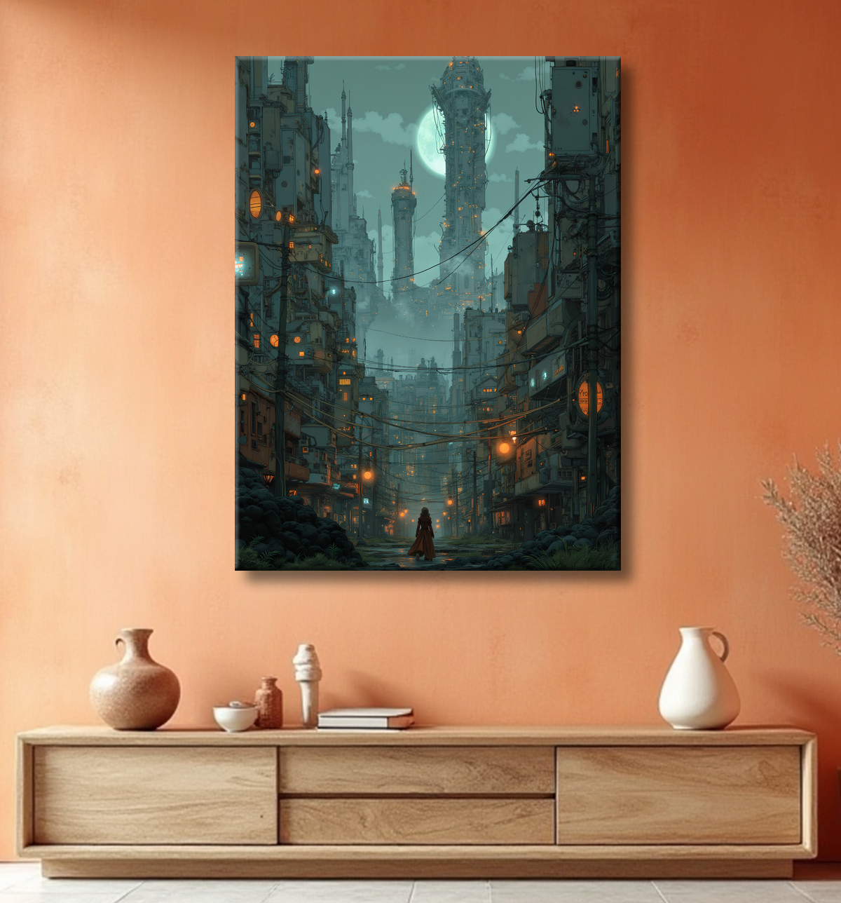 Paysage futuriste sombre et organique avec decor
