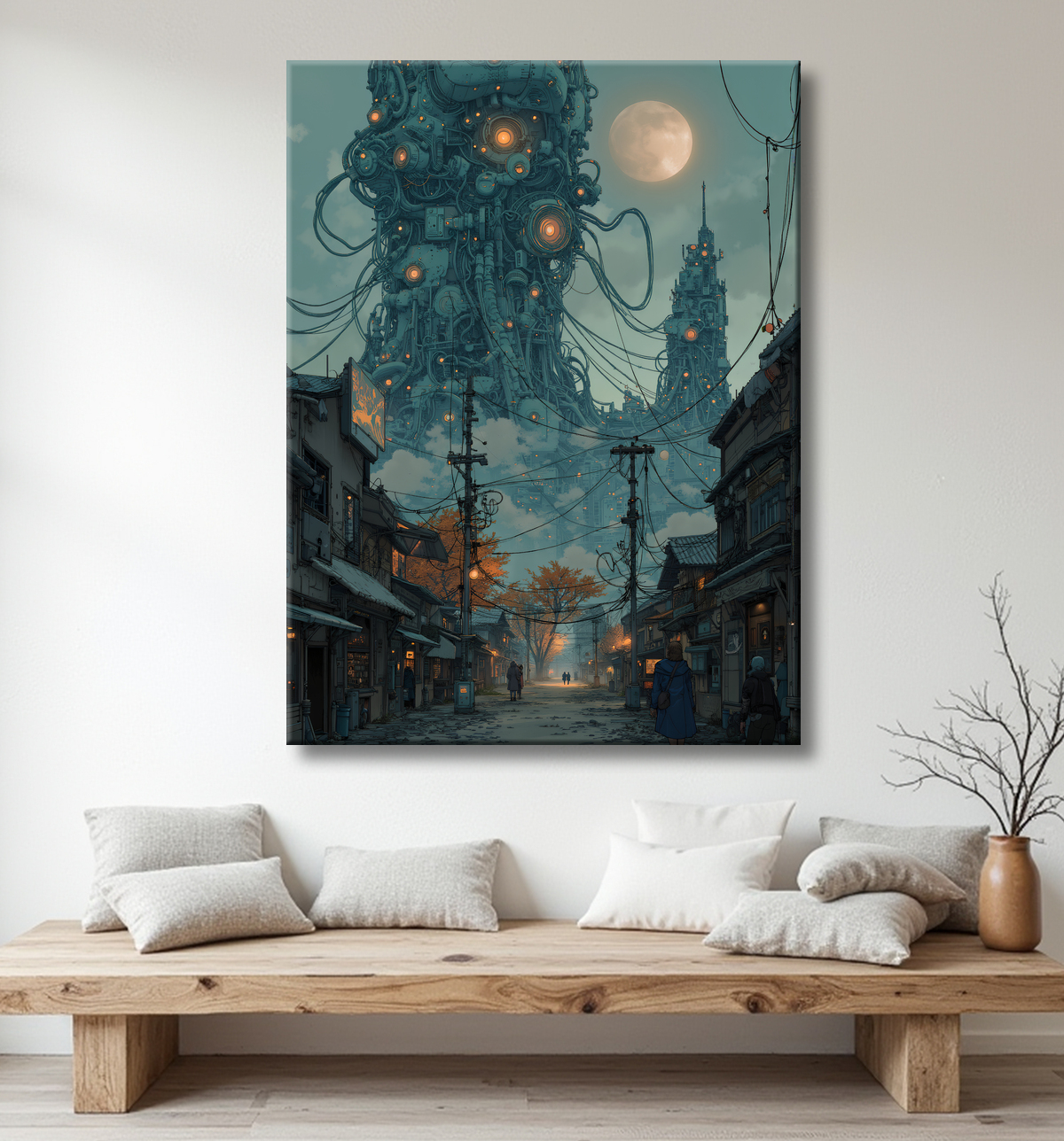 Tableau représentant un paysage sombre et menaçant, dominé par des structures futuristes aux formes organiques. Une scène de science-fiction aux accents post-apocalyptiques.