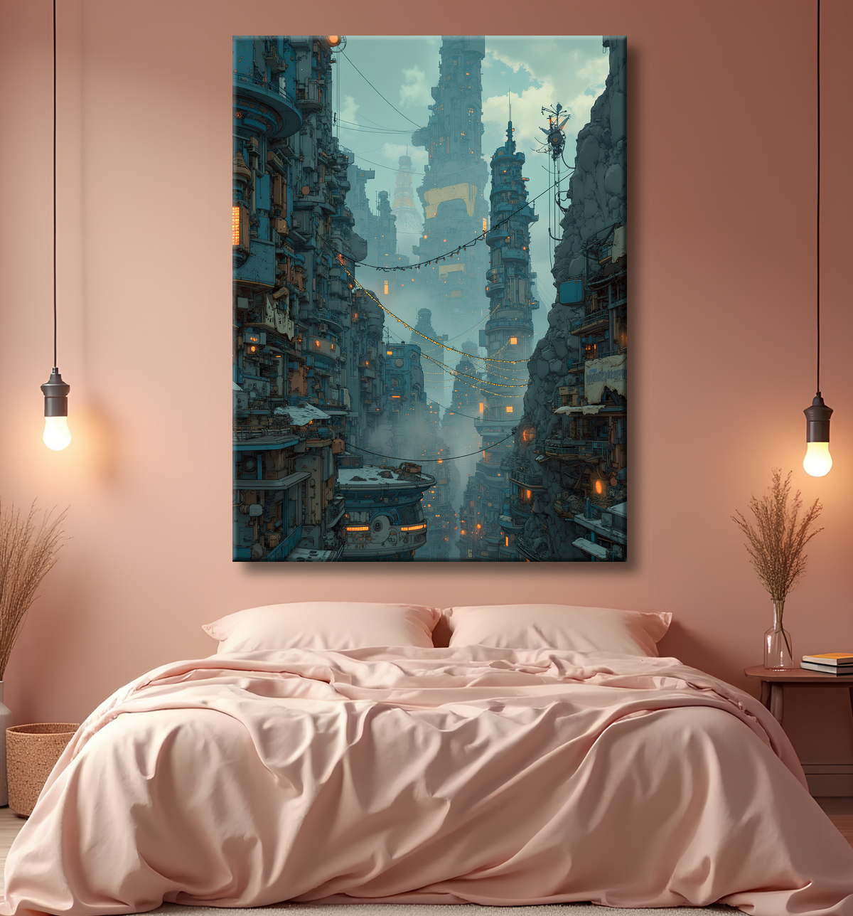 Tableau représentant un paysage sombre et menaçant, dominé par des structures futuristes aux formes organiques. Une scène de science-fiction aux accents post-apocalyptiques.