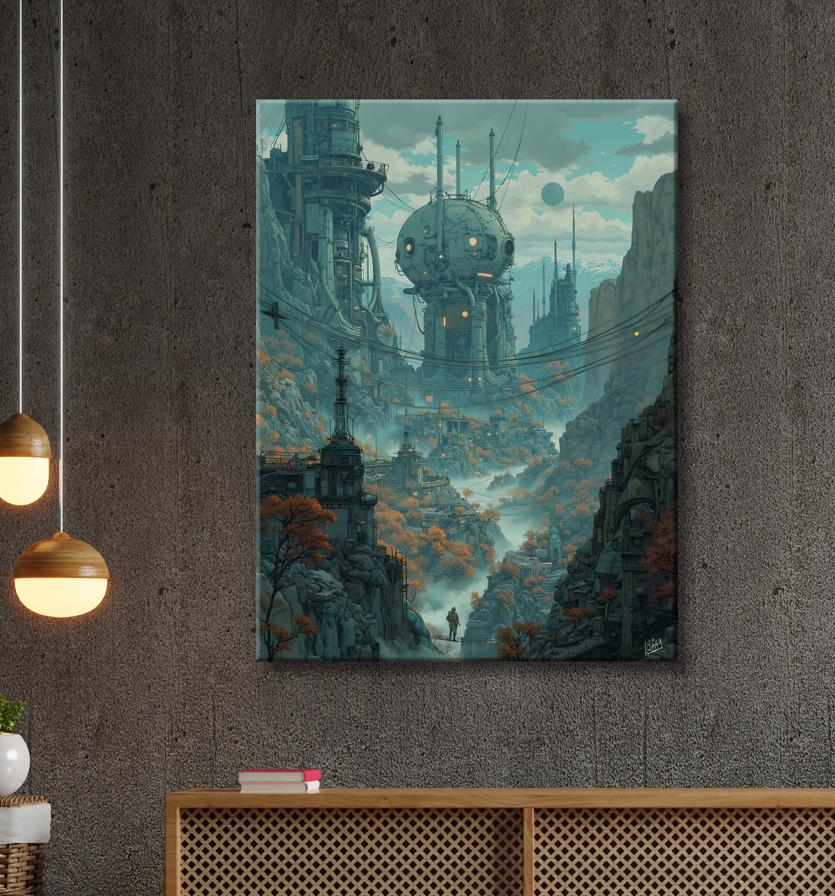 Paysage futuriste sombre et organique avec decor