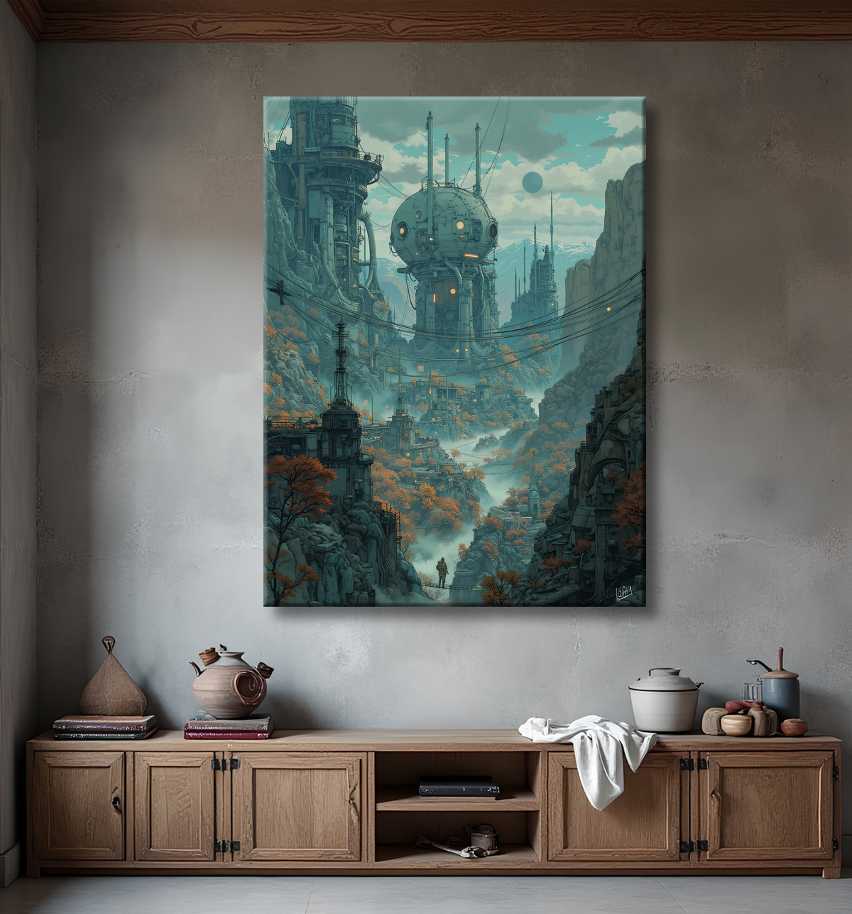 Paysage futuriste sombre et organique avec decor